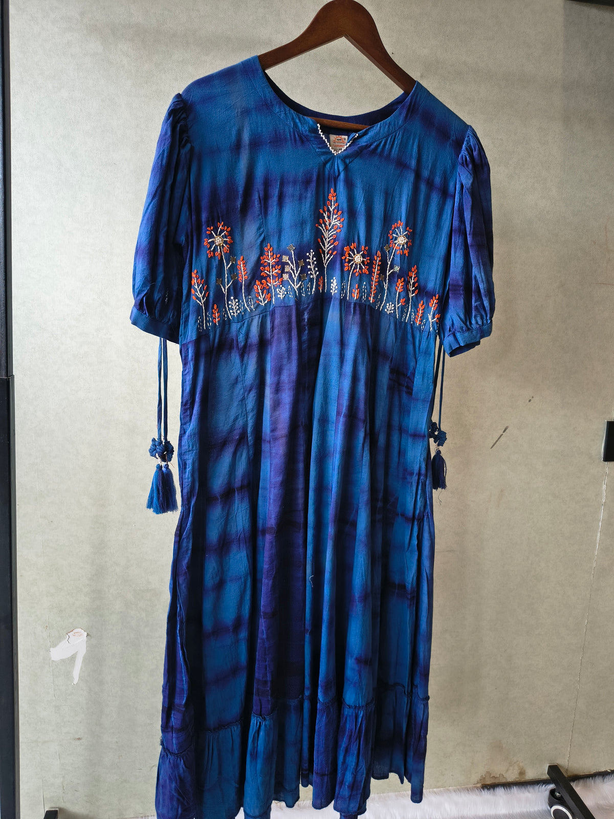 Premium Indigo Tie-Dye Embroidered Cotton Flared Dress