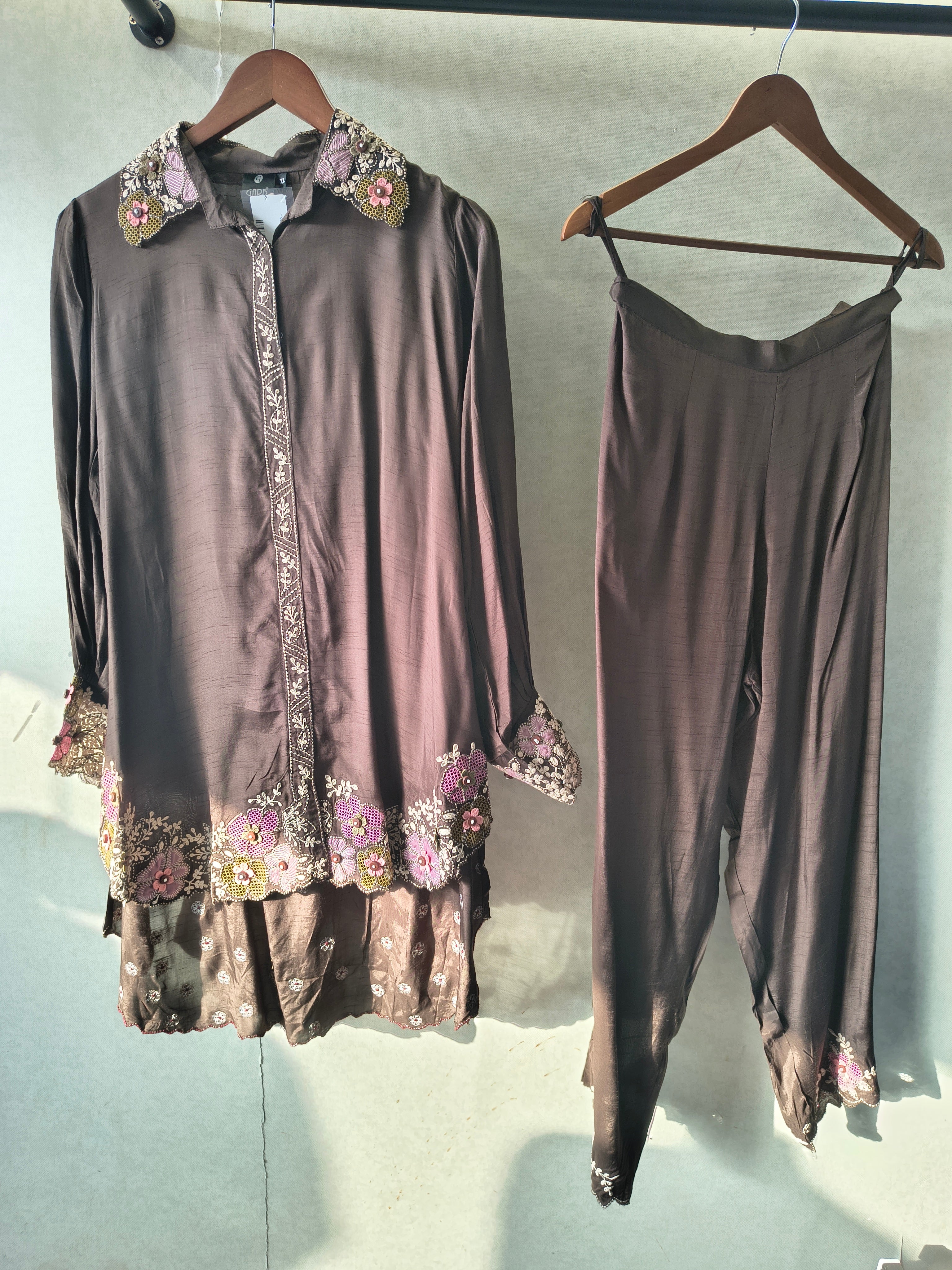 Image of Chocolate Brown Designer Embroidered Co-Ord Set with 3D Floral Appliqué & Organza Hem