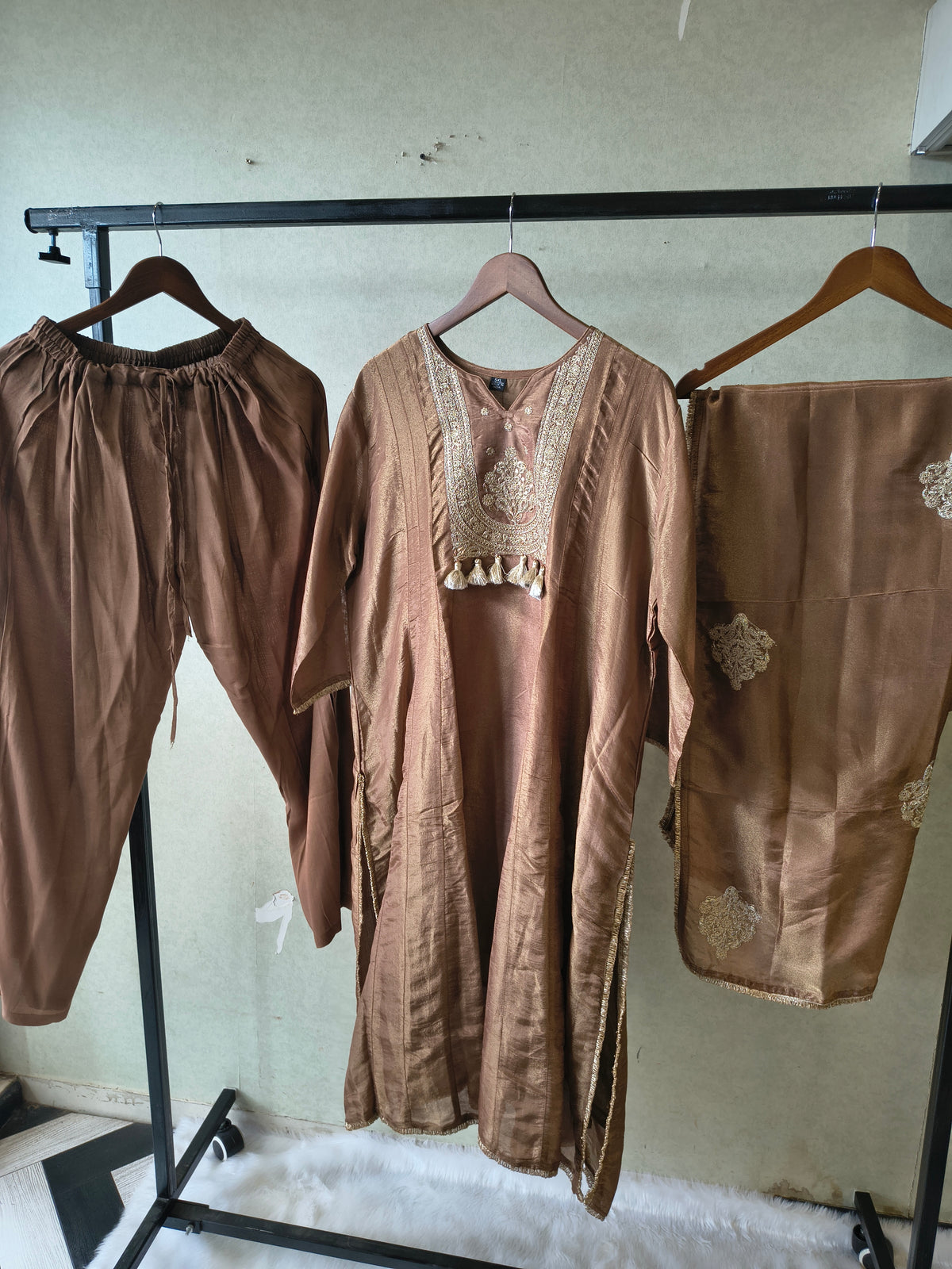 Premium Copper Brown Embroidered A-Line Kurta Set with Dupatta