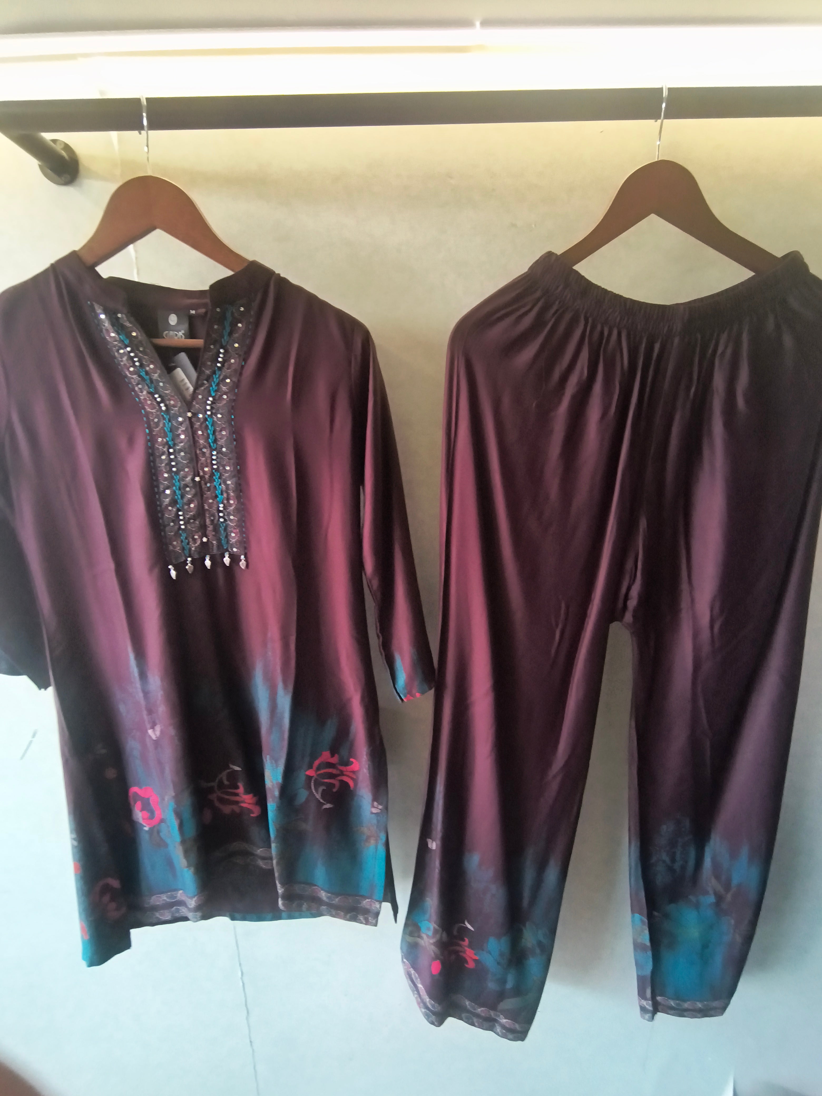 Image of Wine Embellished Premium Silk Co-Ord Set