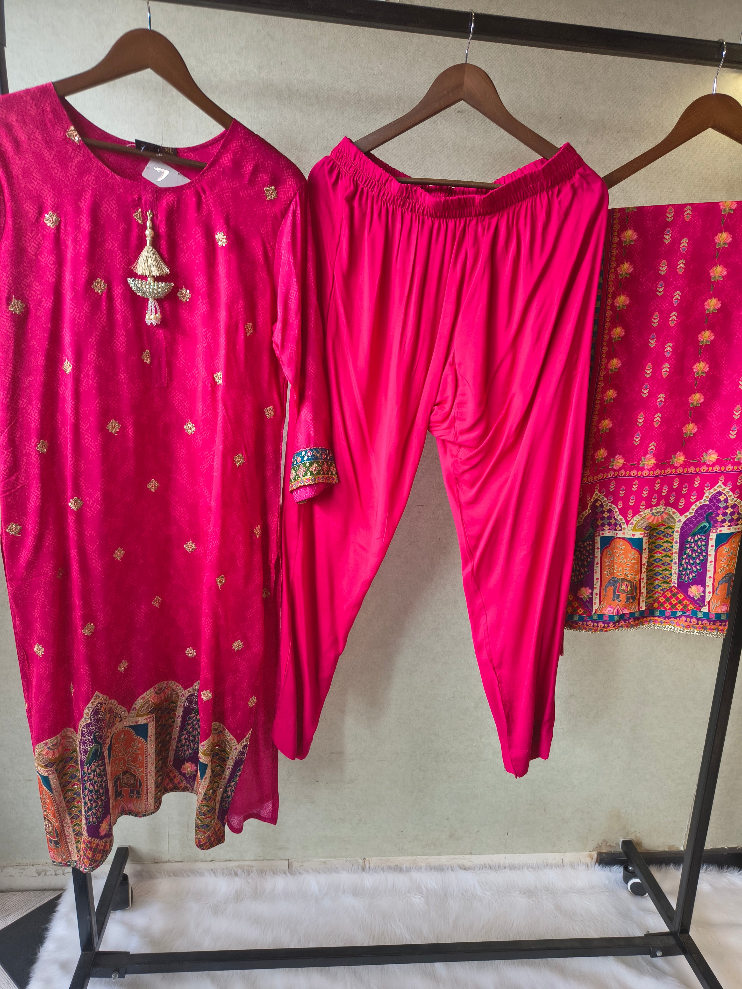 Image of Premium Rani Pink Printed Straight Kurta with Cigarette Pants & Dupatta Set