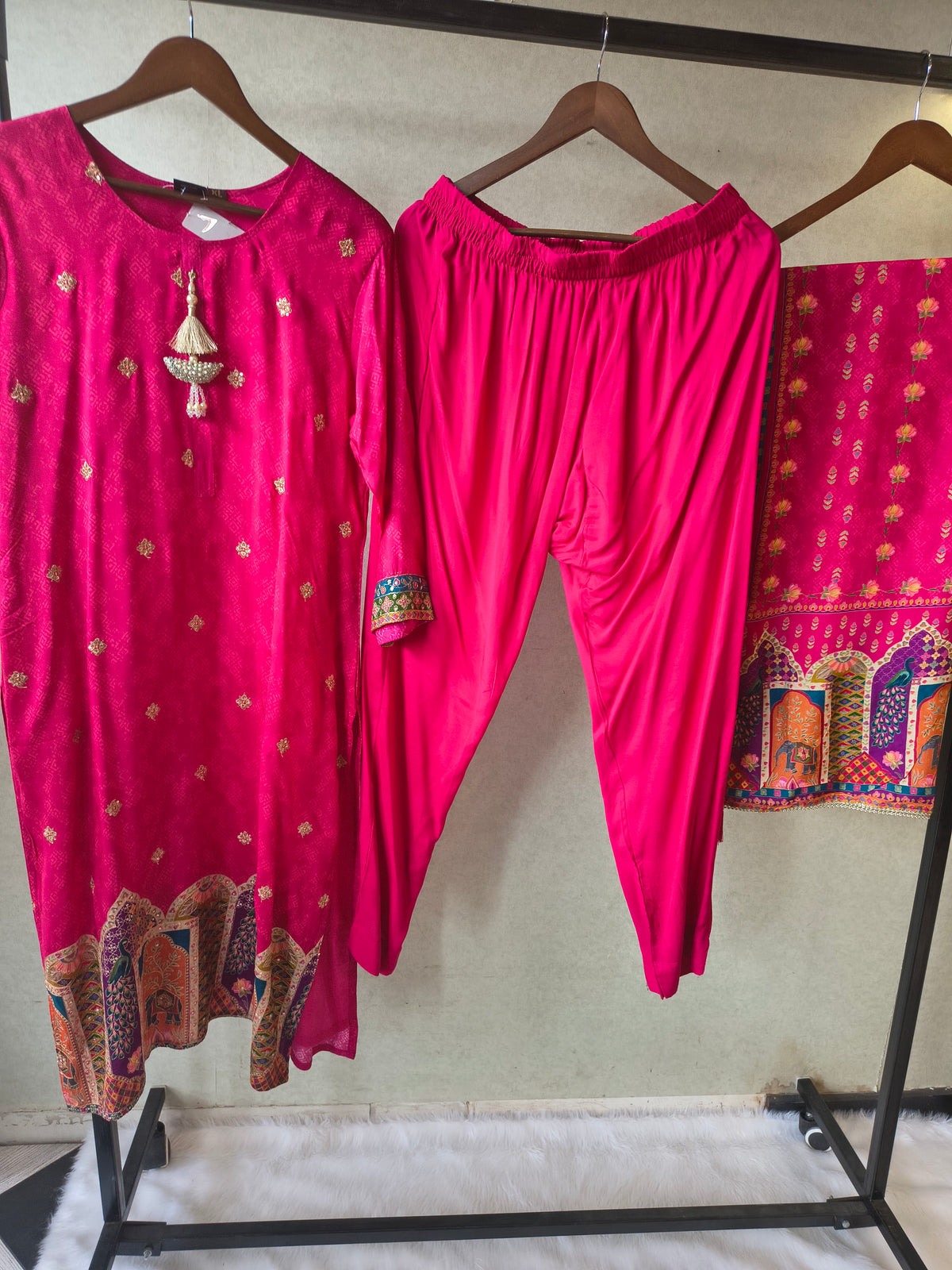 Premium Rani Pink Printed Straight Kurta with Cigarette Pants & Dupatta Set