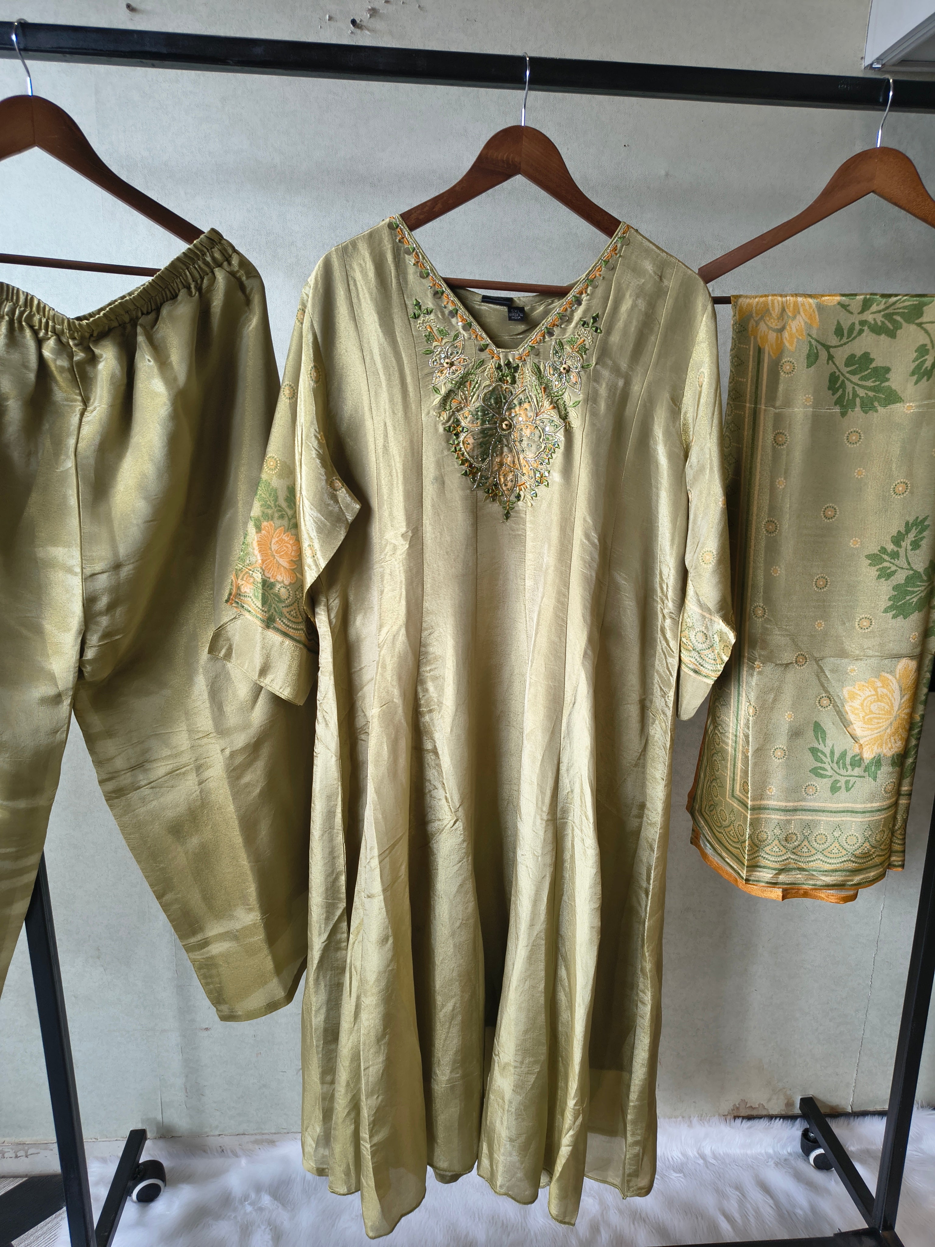 Image of Premium Pistachio Green Embroidered Silk Kurta Set with Printed Dupatta