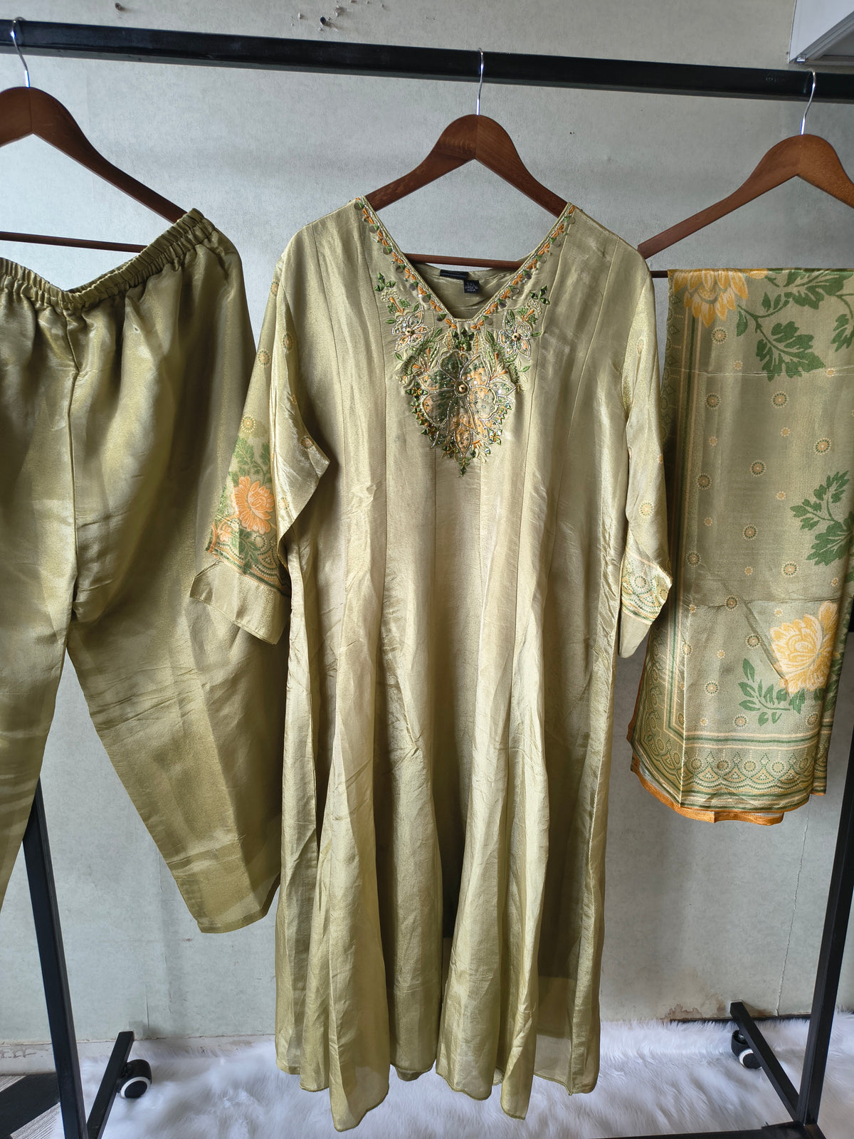 Premium Pistachio Green Embroidered Silk Kurta Set with Printed Dupatta