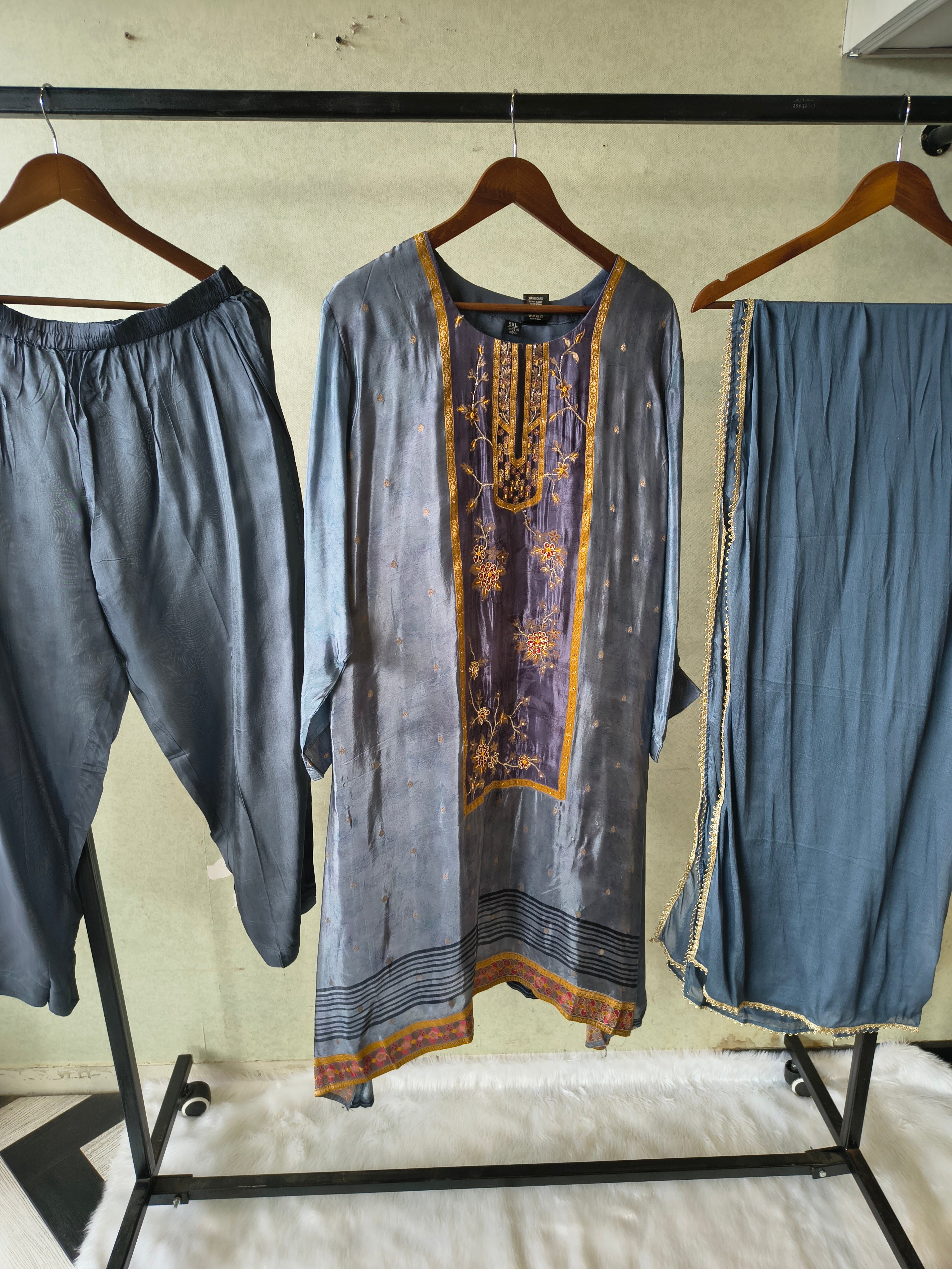 Image of Steel Blue Designer Silk Blend Embroidered Kurta Set with Pants & Dupatta