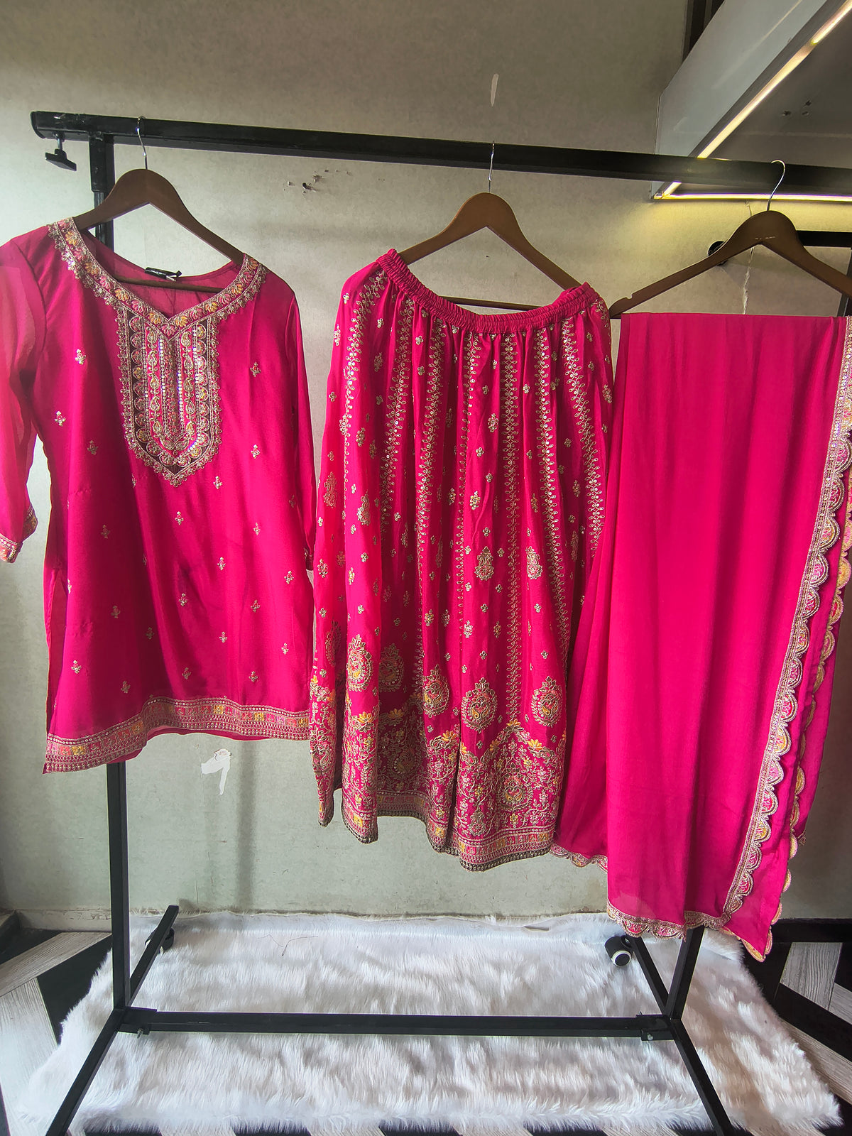 Rani Pink Embroidered Kurta Sharara Set with Scalloped Dupatta – Premium 3 Piece Festive Ensemble