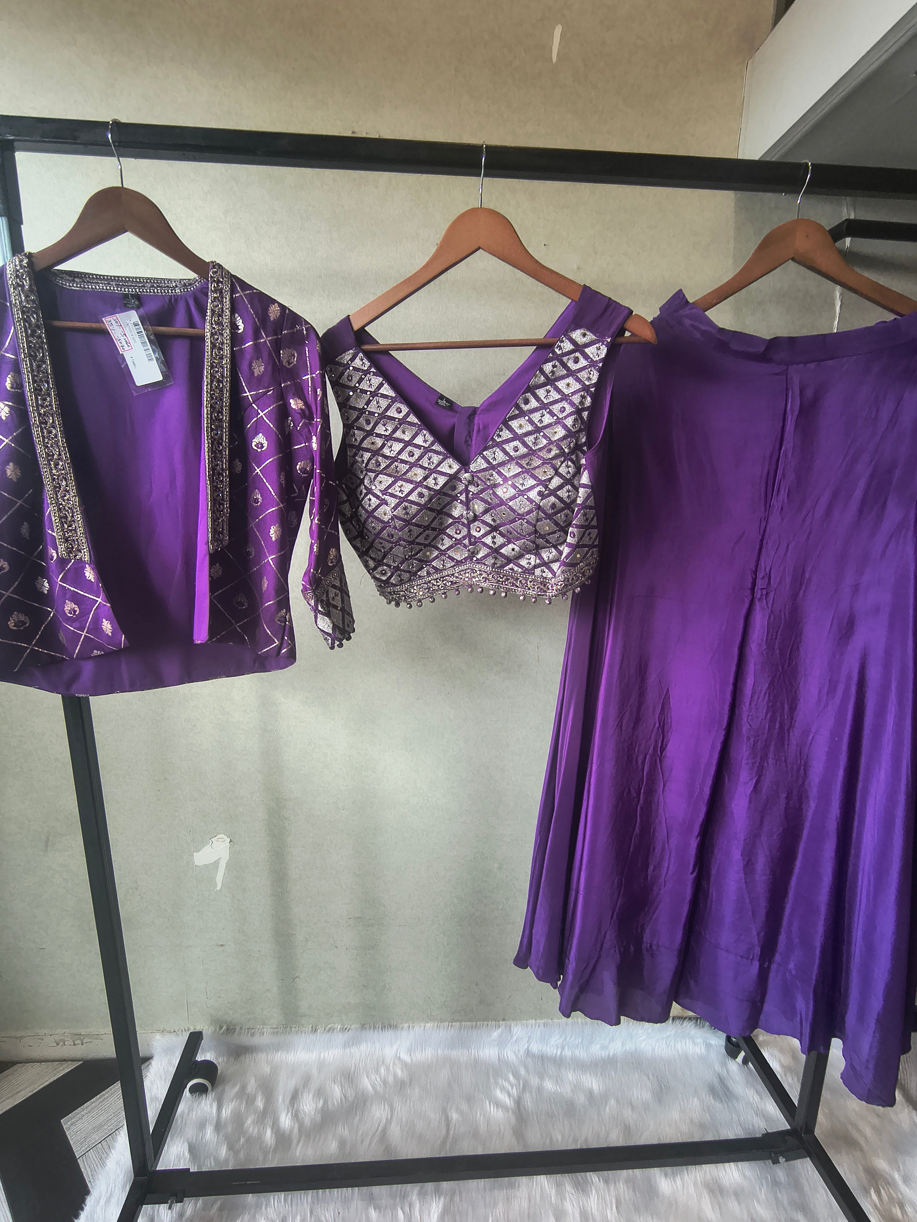 Image of Royal Purple Mirror Embellished Blouse with Printed Jacket & Flared Palazzo – 3 Piece Designer Indo-Western Set