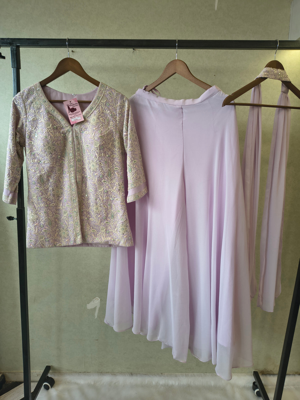 Pastel Lilac Designer Embroidered Peplum Sharara Set with Chiffon Dupatta | Premium 3 Piece Festive Ensemble