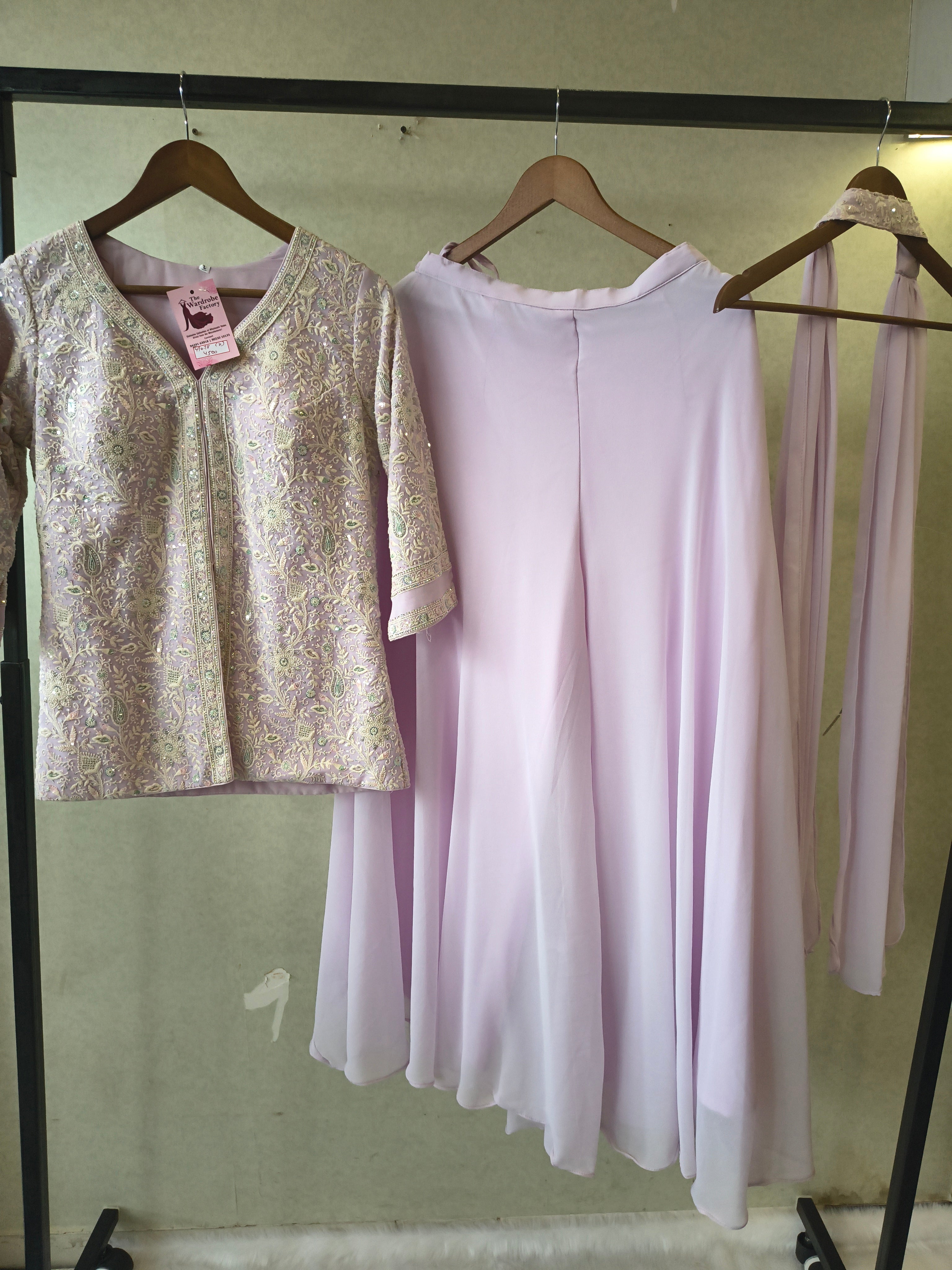 Image of Pastel Lilac Designer Embroidered Peplum Sharara Set with Chiffon Dupatta | Premium 3 Piece Festive Ensemble
