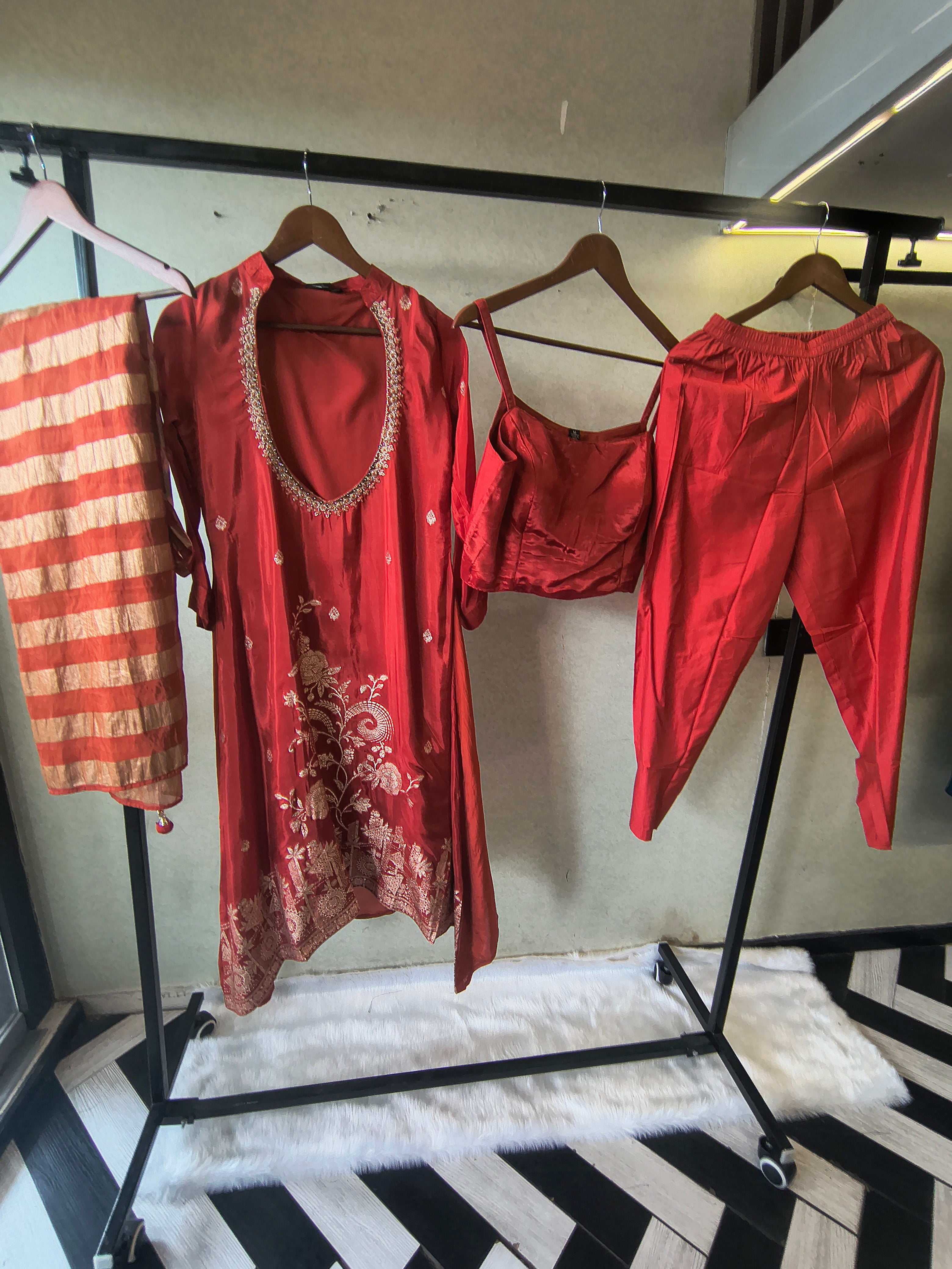Image of Ruby Red Embroidered Asymmetrical Kurta with Inner, Cigarette Pants & Striped Dupatta – 4 Piece Designer Indo-Western Set