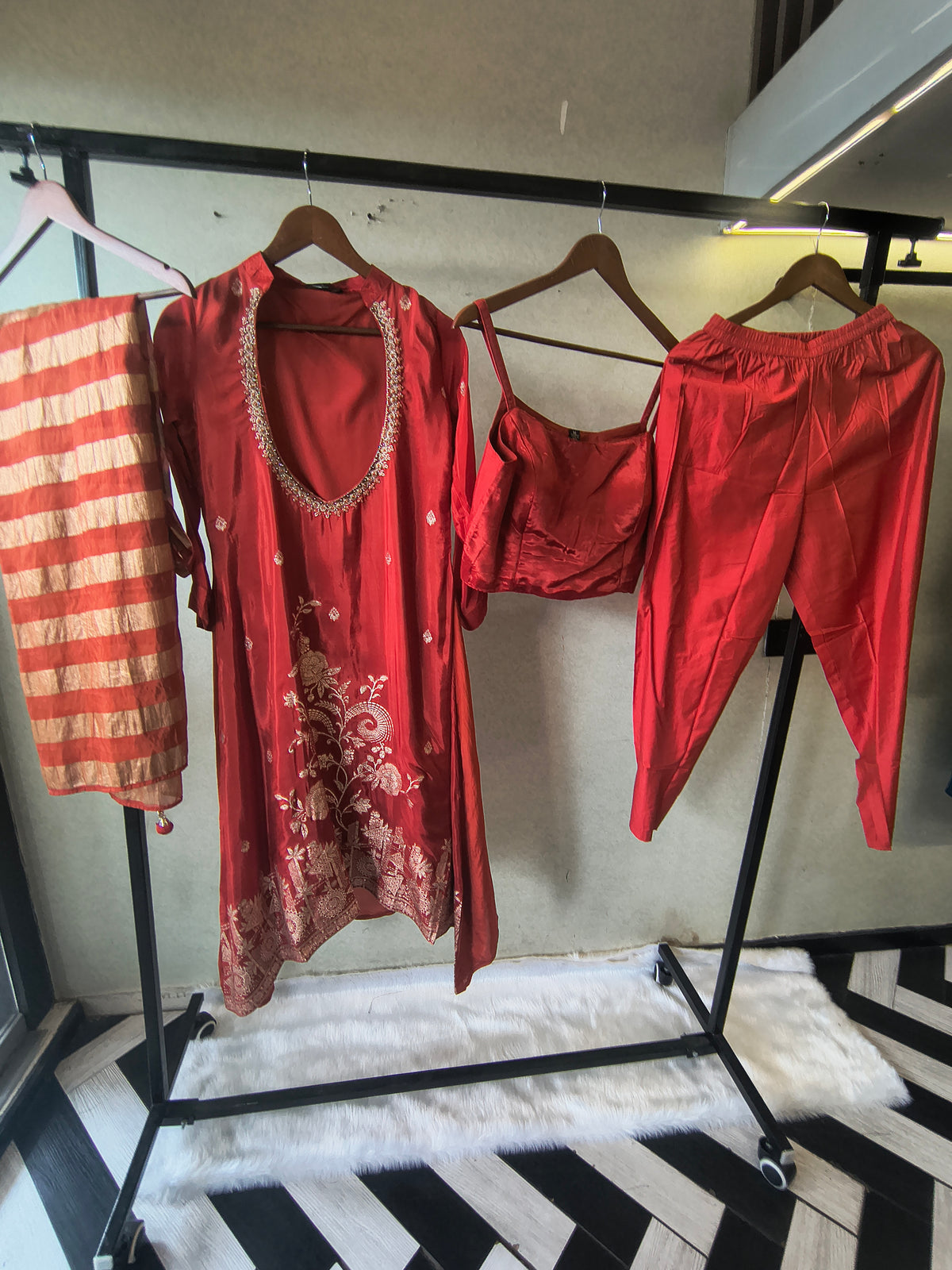 Ruby Red Embroidered Asymmetrical Kurta with Inner, Cigarette Pants & Striped Dupatta – 4 Piece Designer Indo-Western Set