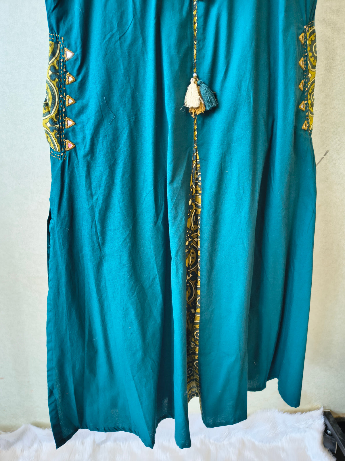 Teal Sleeveless A-Line Kurta Set with Printed Panel & Straight Pants
