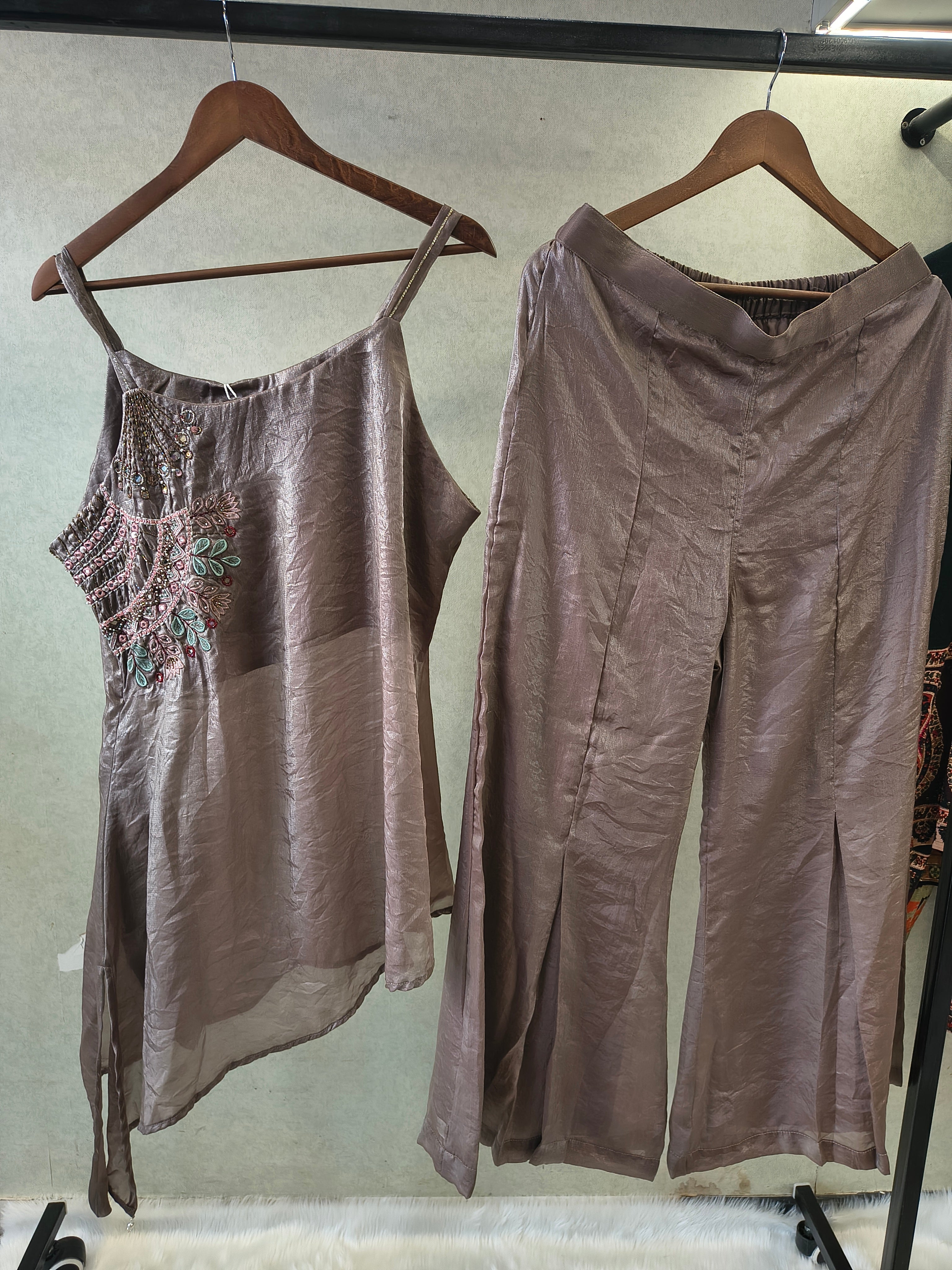 Image of Steel Grey Asymmetrical Embroidered Indo-Western Kurta Set with Straight Pants & Dupatta – 3 Piece Designer Co-Ord Set