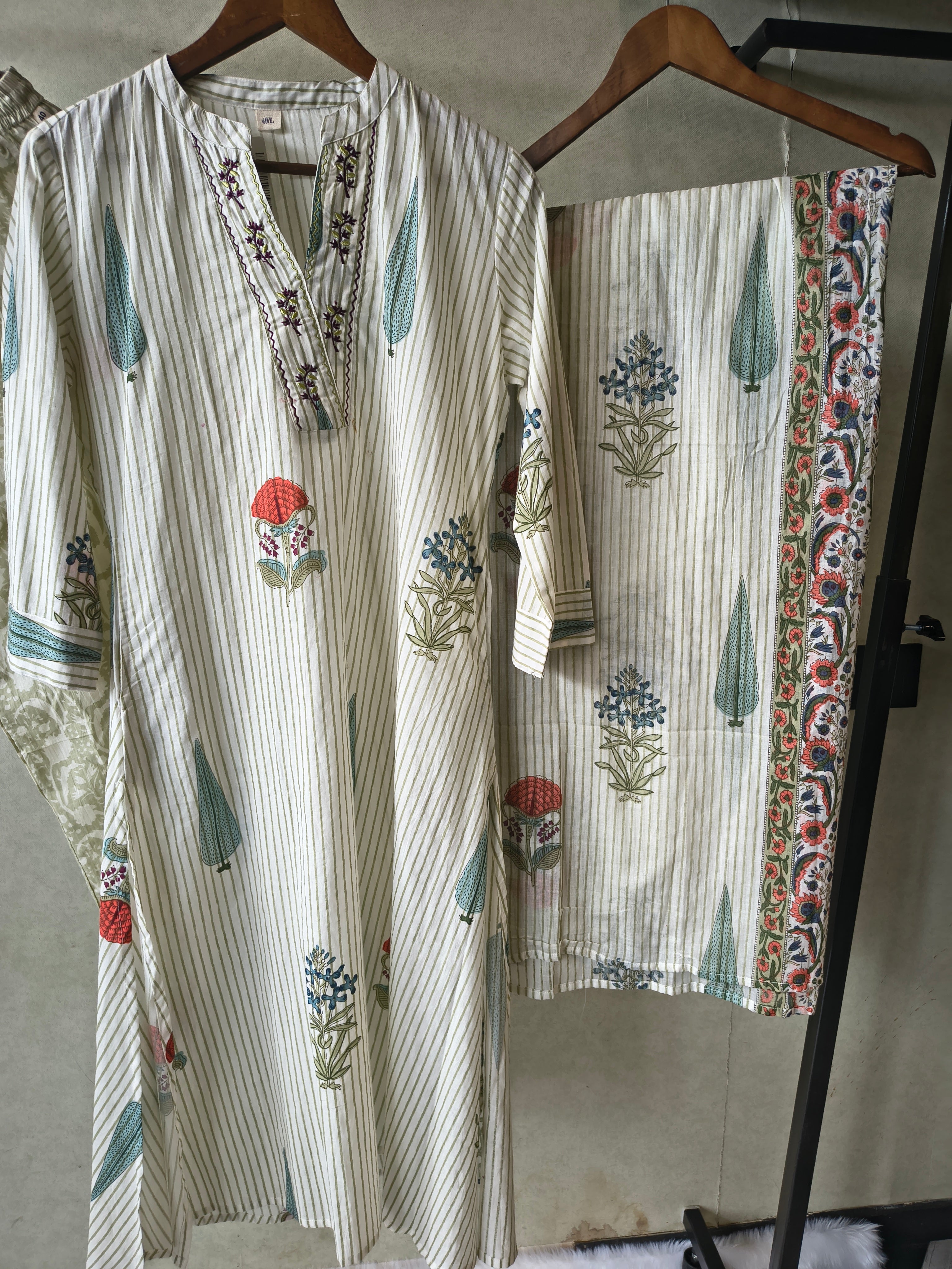 Image of Premium Ivory Handblock Printed Cotton Straight Kurta Set with Printed Pants & Dupatta