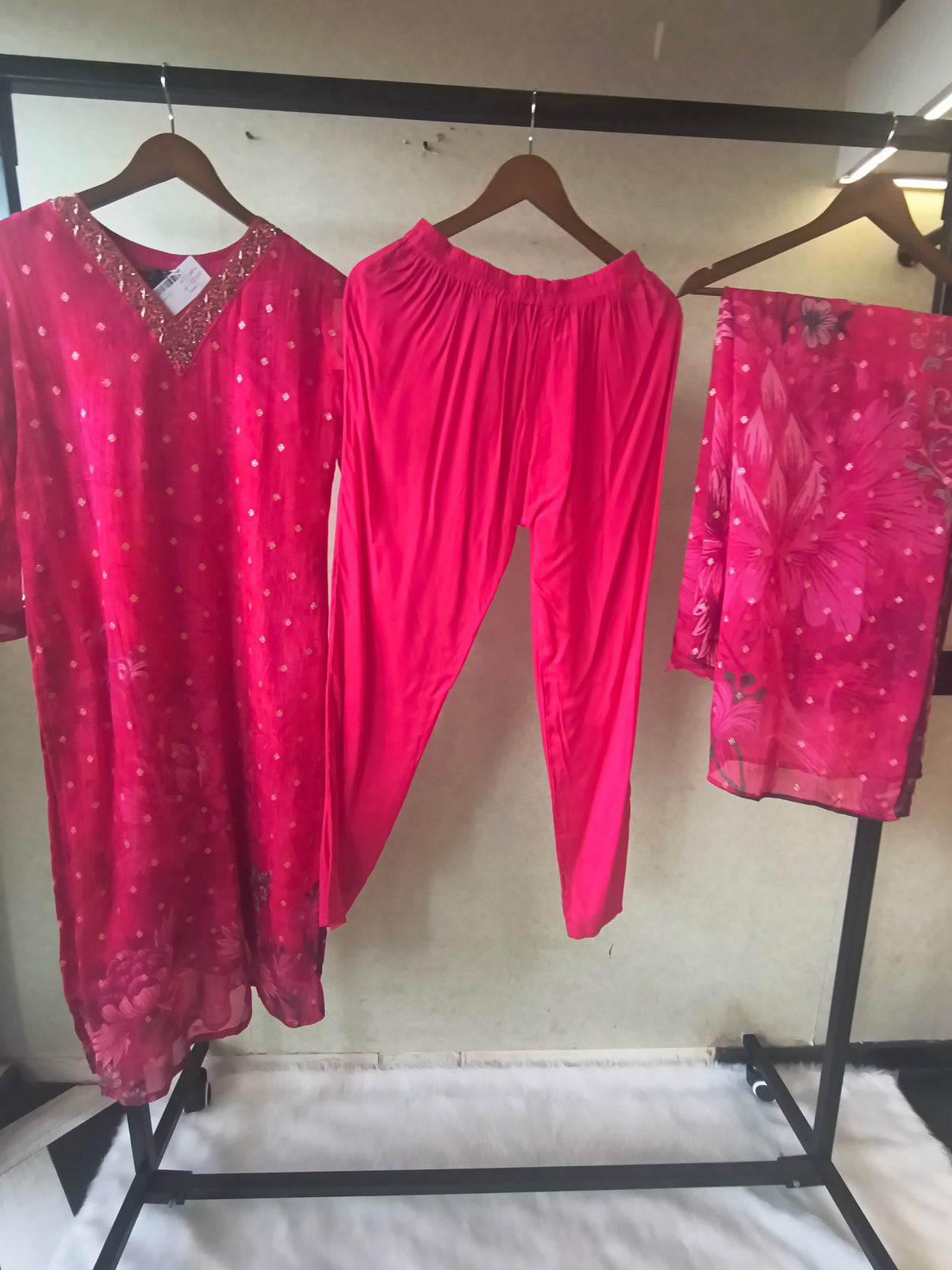 Premium Fuchsia Floral Printed Straight Kurta with Cigarette Pants & Dupatta Set