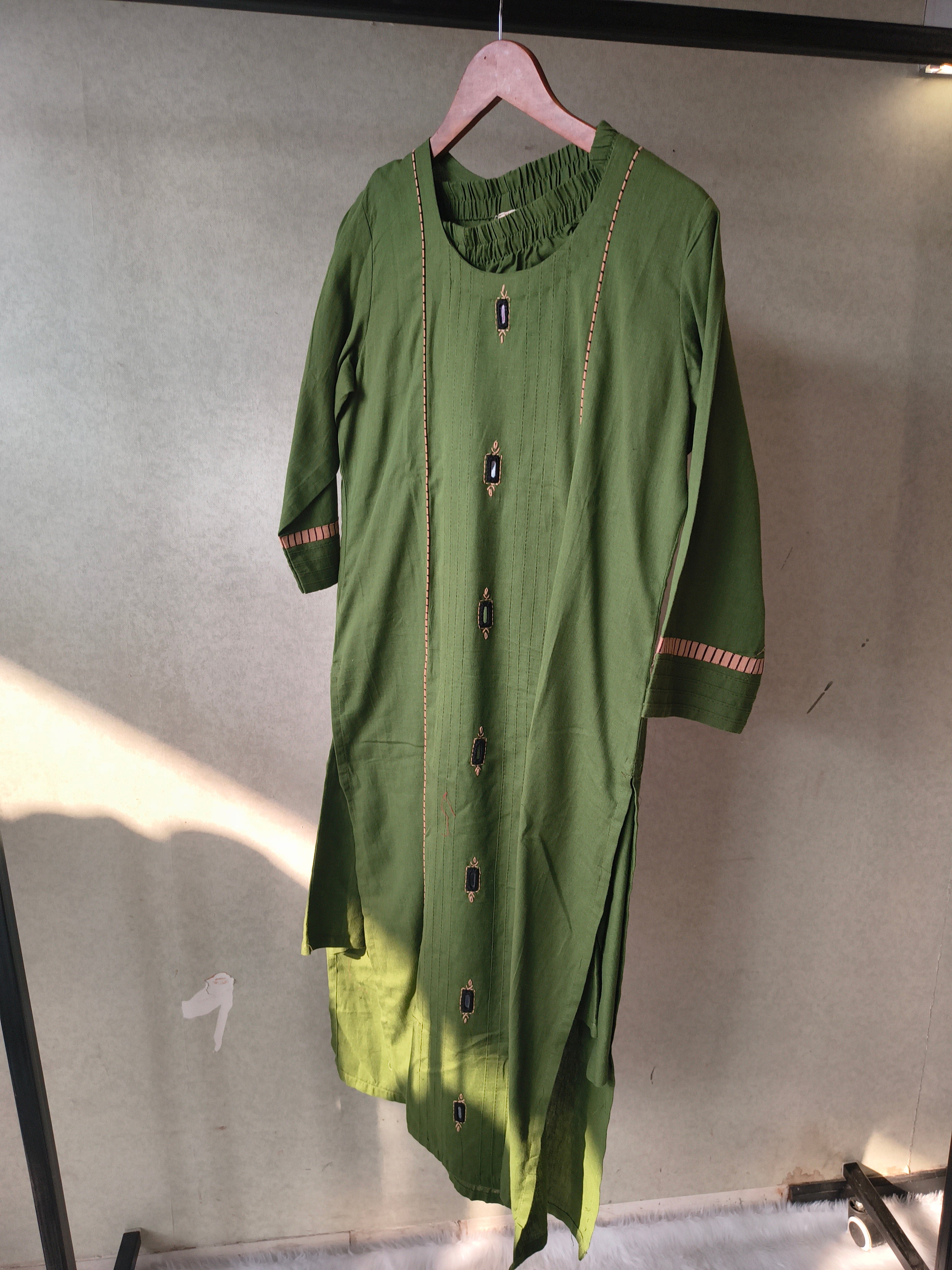 Image of Tadko Premium Olive Green Straight Kurta Co-Ord Set with Embellished Yoke