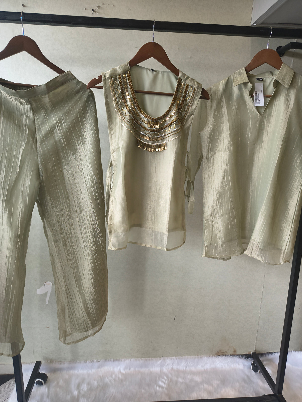 Premium Sage Grey Tissue Silk 3-Piece Co-Ord Set with Antique Hand Embellished Jacket, Inner & Palazzo