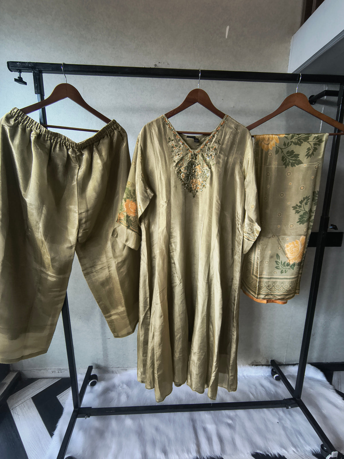 Premium Pistachio Green Embroidered Silk Kurta Set with Printed Dupatta