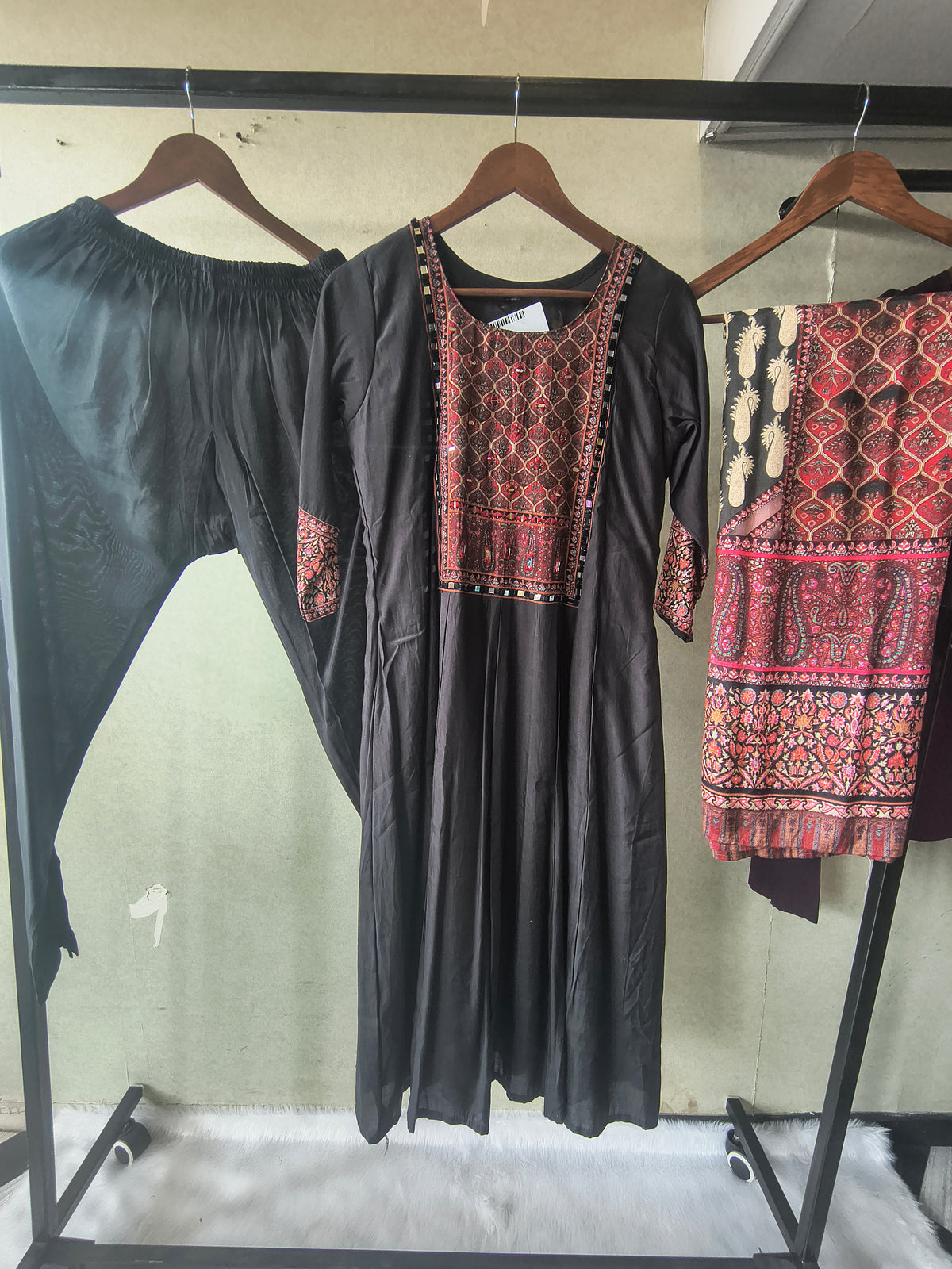 Premium Black Printed Anarkali Kurta Set with Ethnic Yoke, Solid Pants & Designer Dupatta