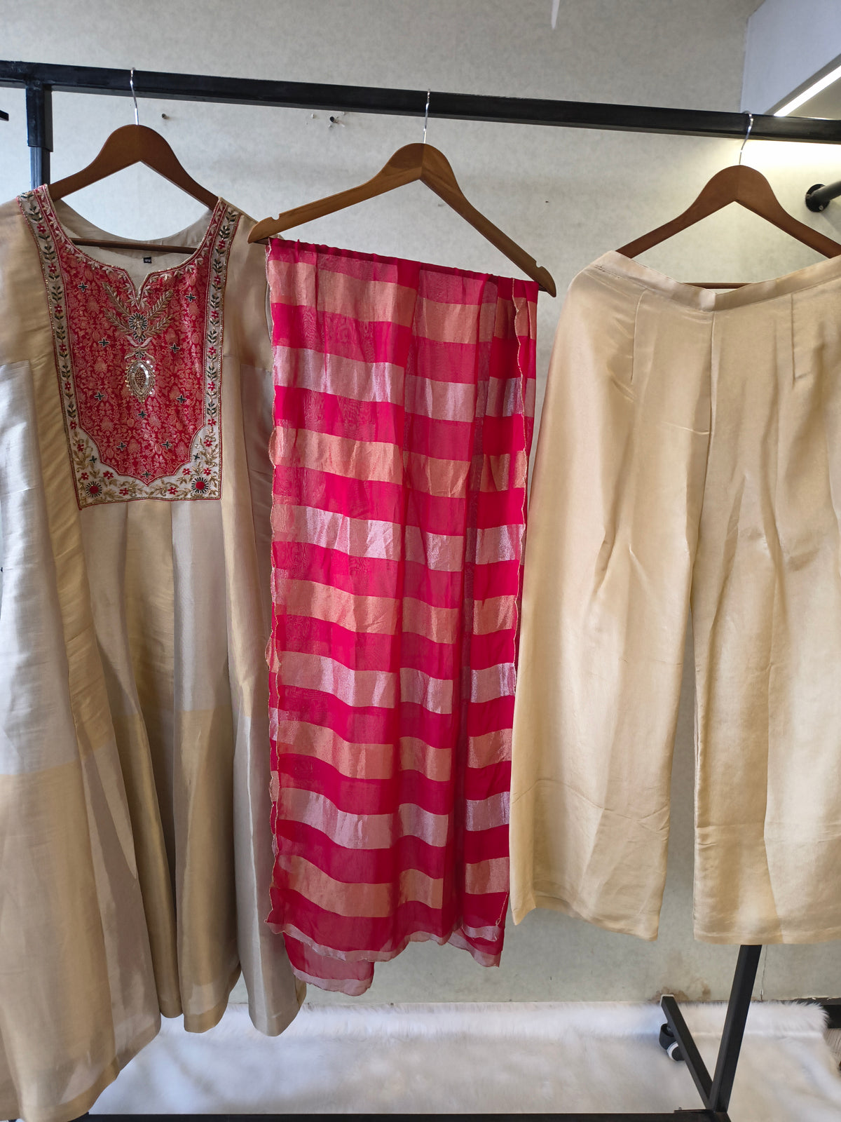 Ivory Embroidered Designer Kurta Set with Pink Striped Organza Dupatta | Premium 3 Piece Ethnic Suit