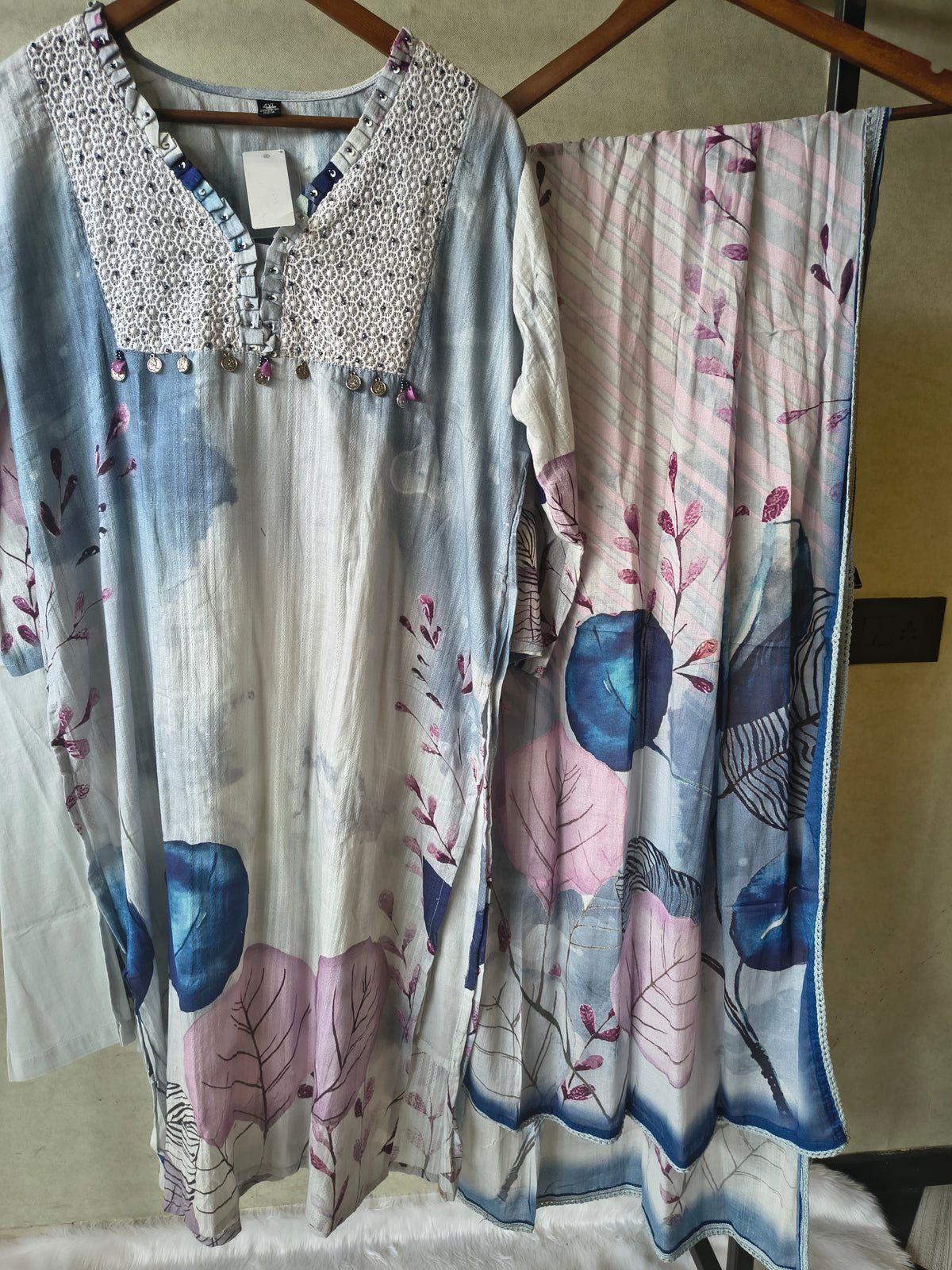 Premium Ice Blue Floral Printed Straight Kurta Set with Crochet Yoke, Straight Pants & Designer Dupatta