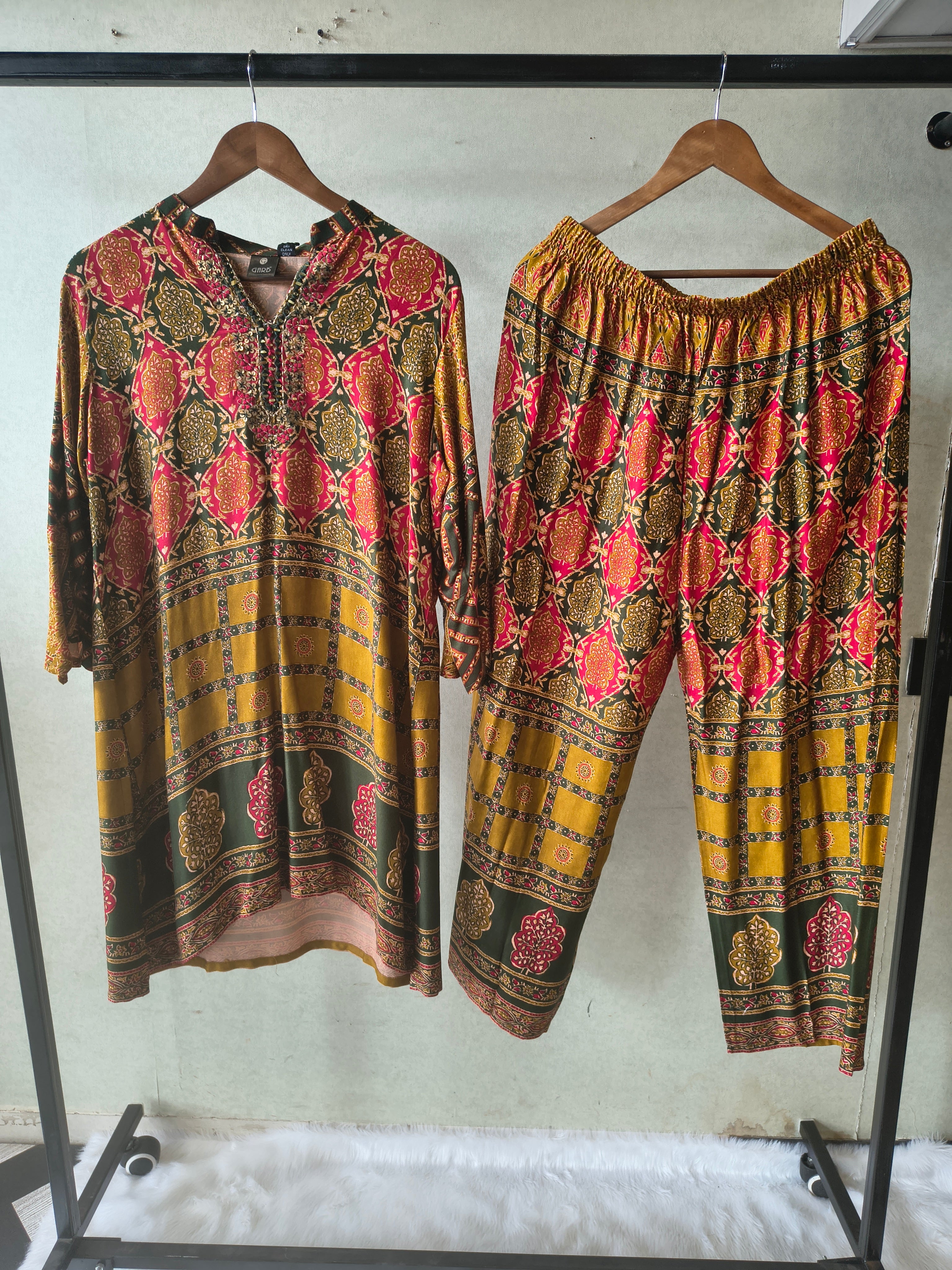 Image of Premium Olive Green & Mustard Heritage Print Co-Ord Kurta Set with Straight Pants