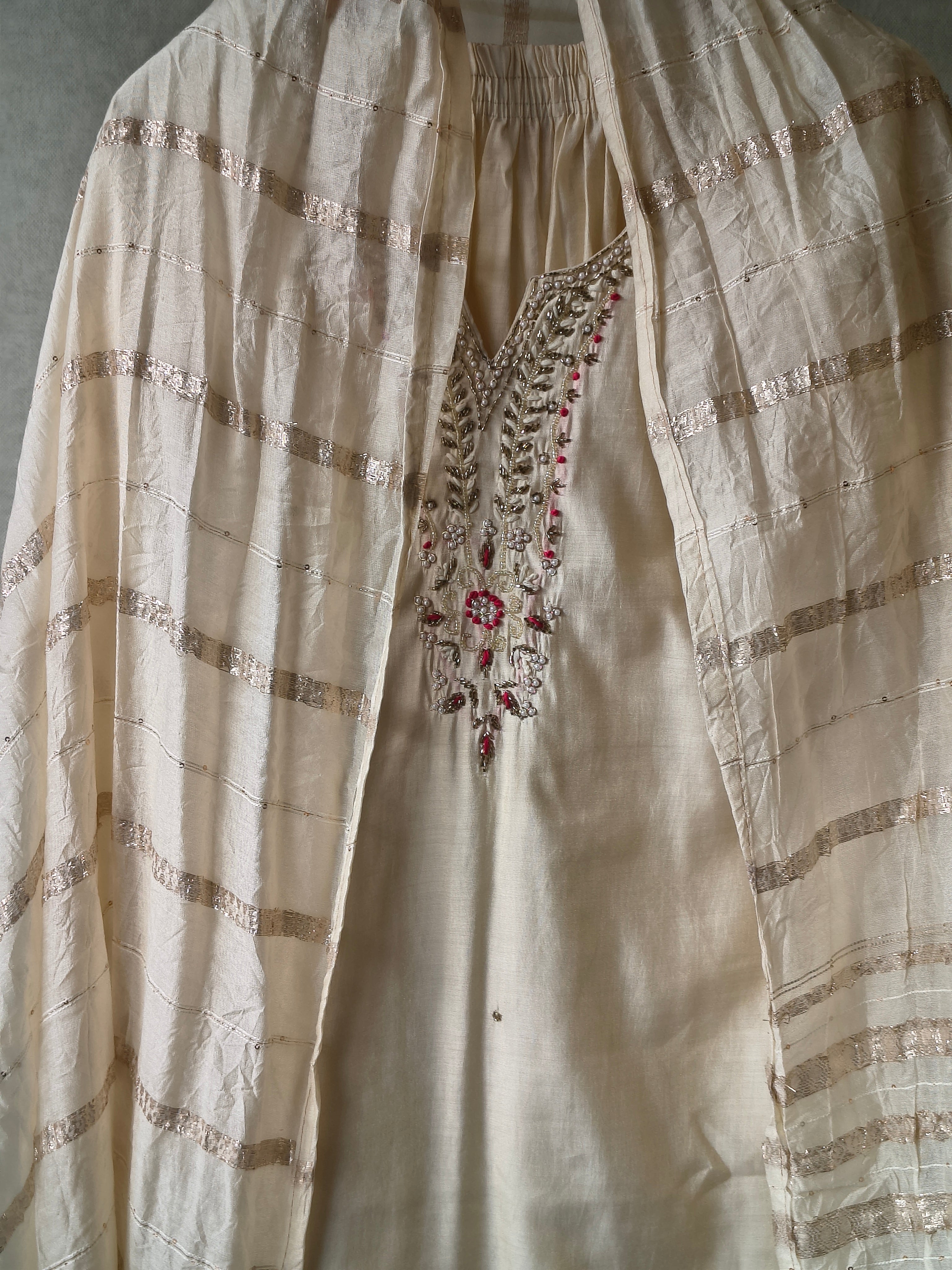 Image of Premium Ivory Hand-Embroidered Straight Kurta with Cotton Pants & Woven Dupatta Set