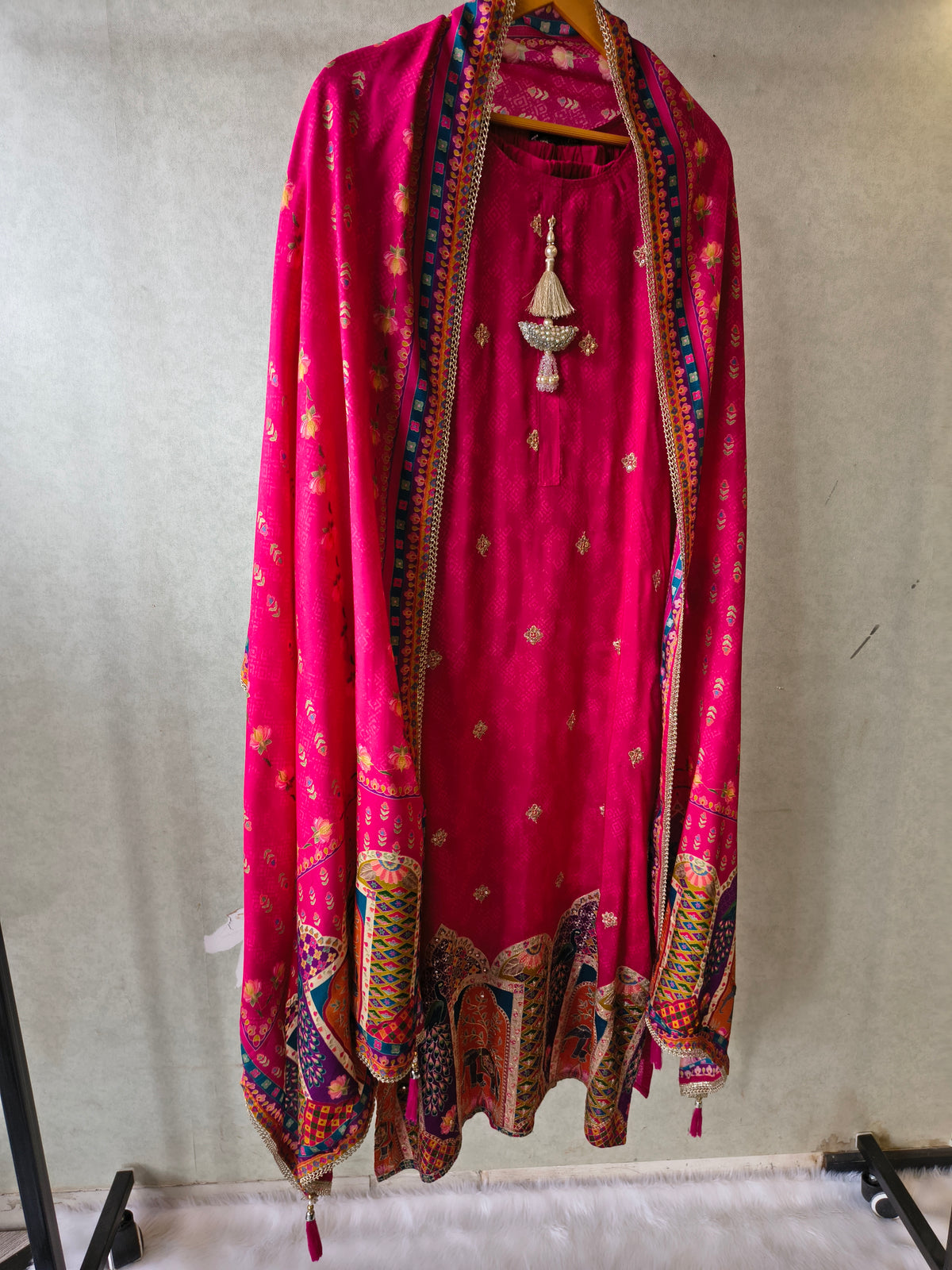 Premium Rani Pink Printed Straight Kurta with Cigarette Pants & Dupatta Set