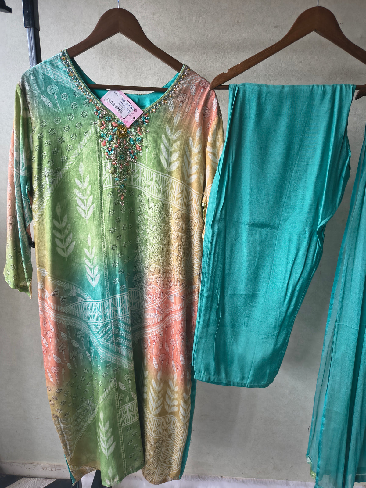 Premium Aqua Ombre Printed Kurta Set with Hand-Embellished Neckline, Solid Pants & Chiffon Dupatta