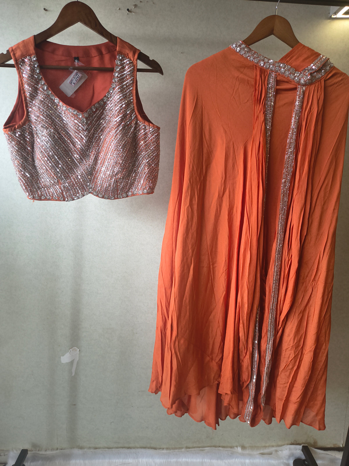 Burnt Orange Embellished Designer Blouse with Drape Palazzo & Cape – 3 Piece Indo-Western Party Wear Set