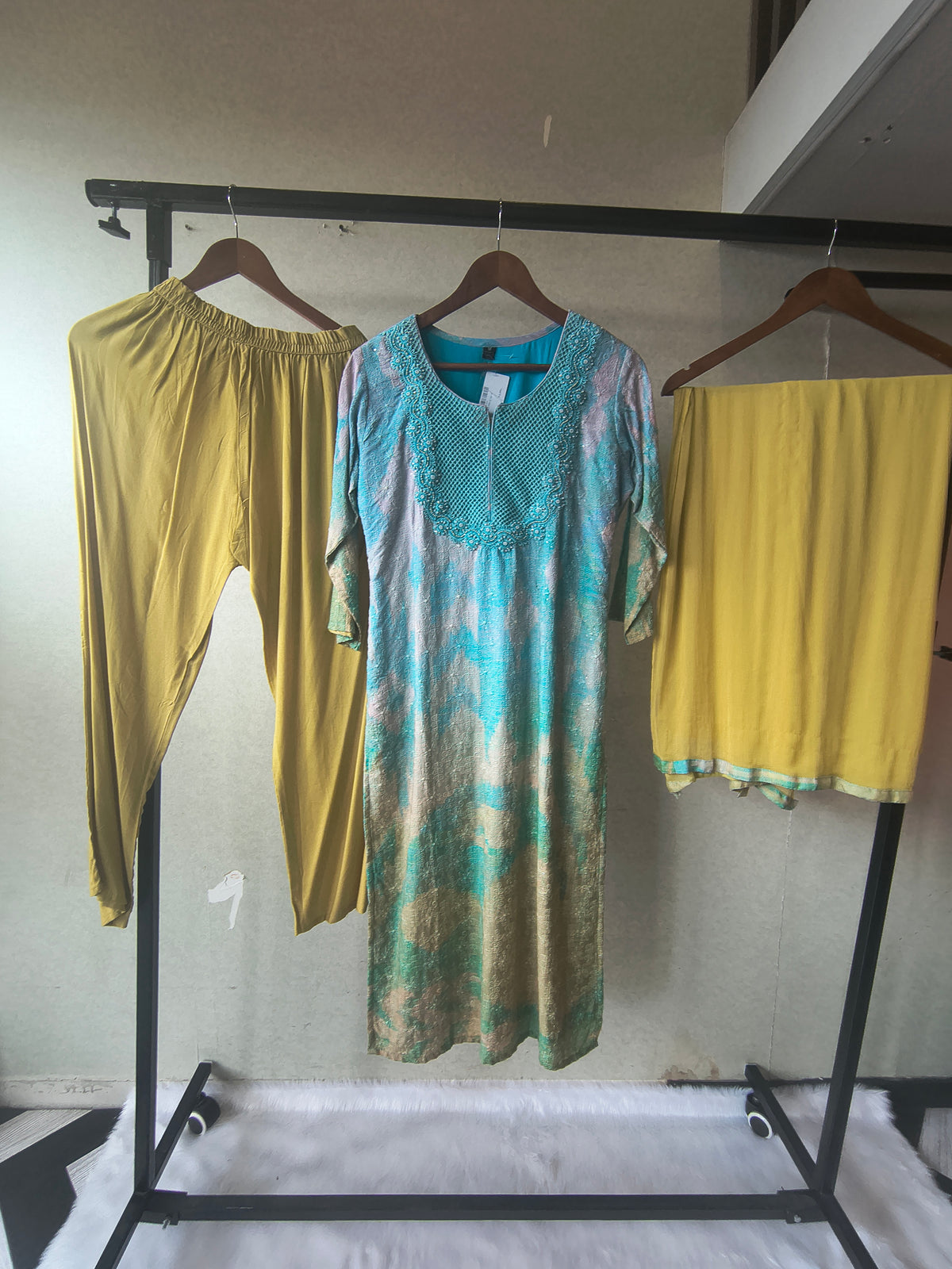 Premium Aqua Blue Digital Printed Kurta Set with Embroidered Yoke & Solid Mustard Palazzo with Dupatta