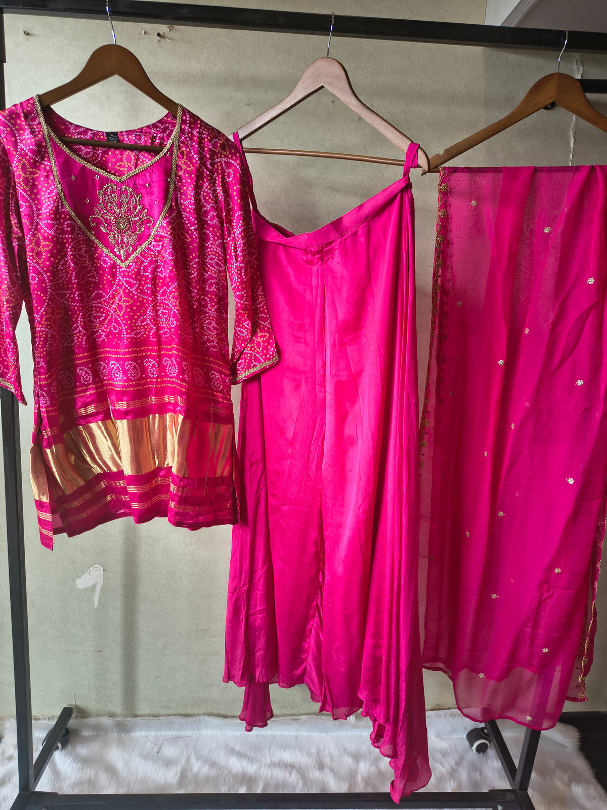 Rani Pink Bandhani Sharara Set with Zari Border & Embroidered Dupatta – Premium 3 Piece Festive Ensemble