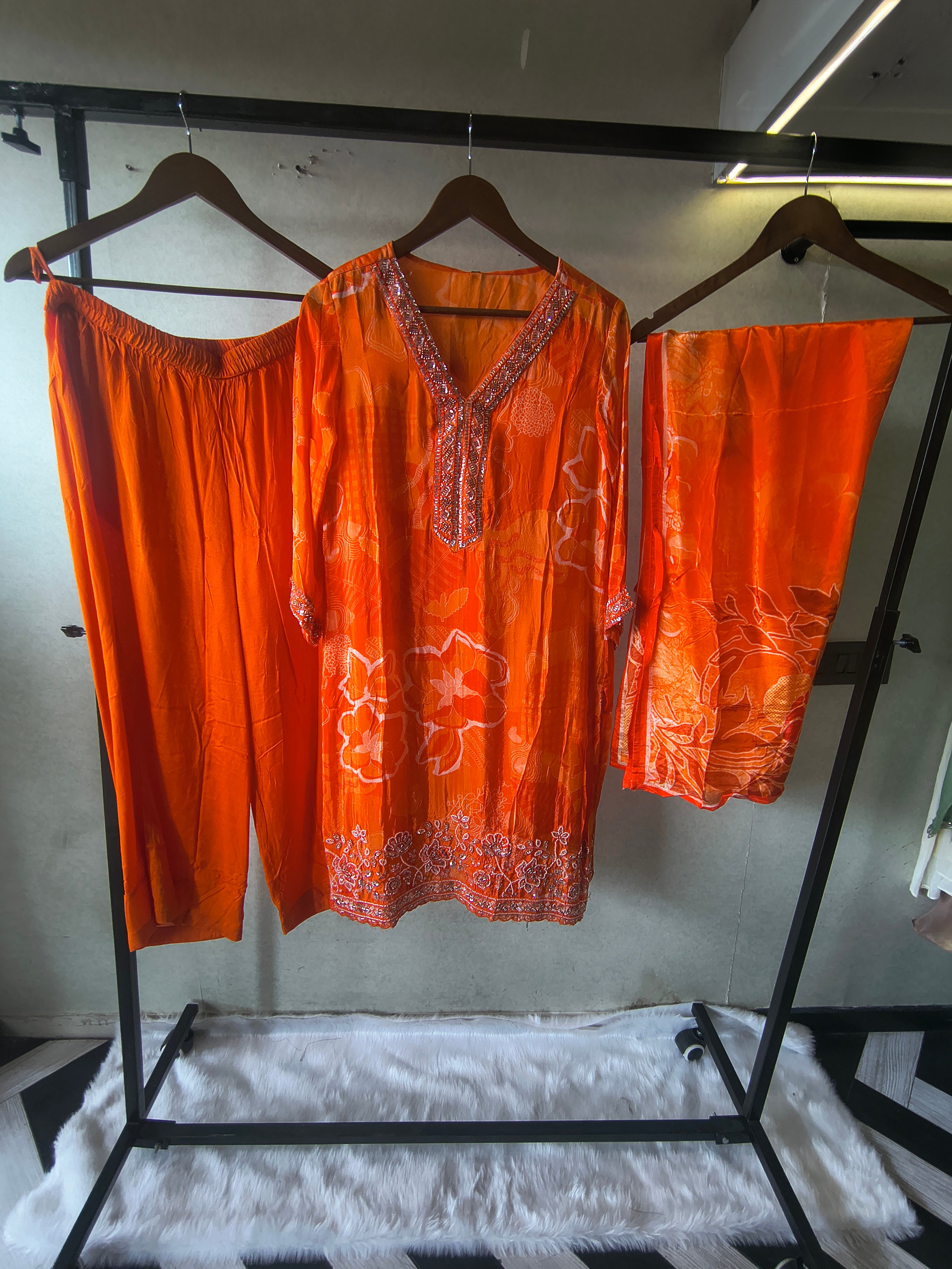 Image of Burnt Orange Printed Silk Blend Kurta Set with Embellished Neckline & Floral Border – Premium 3 Piece Ethnic Ensemble