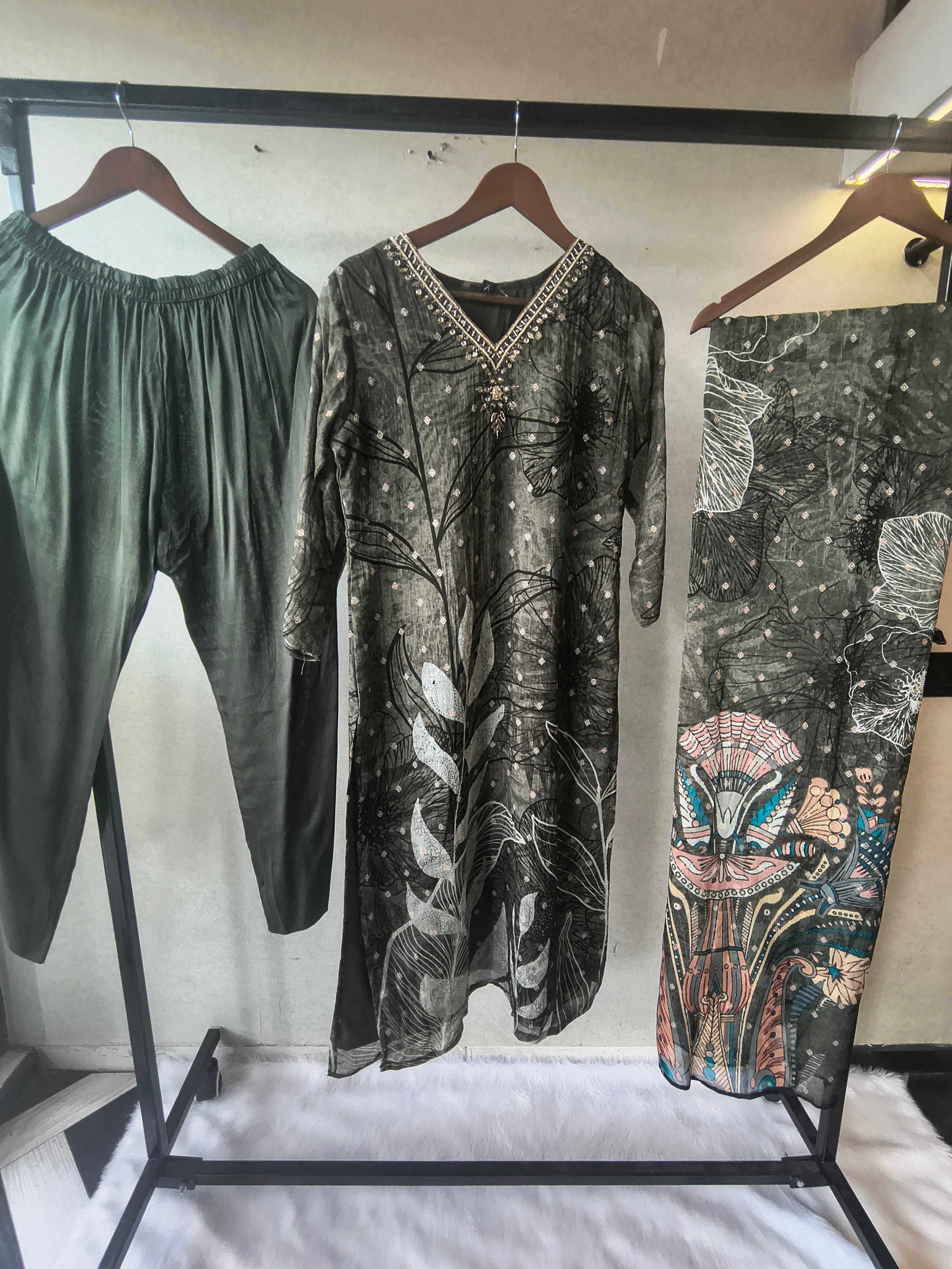Image of Premium Olive Botanical Print Straight Kurta with Cigarette Pants & Dupatta Set