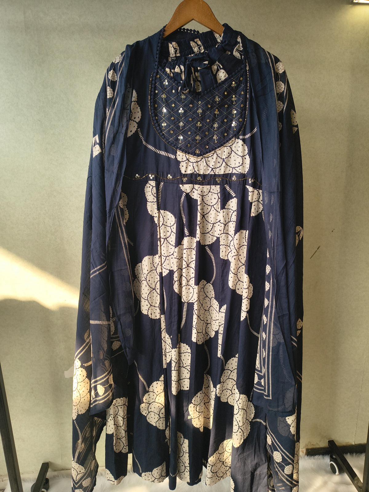 Premium Navy Blue Handblock Printed Cotton Anarkali Suit Set with Printed Pants & Dupatta