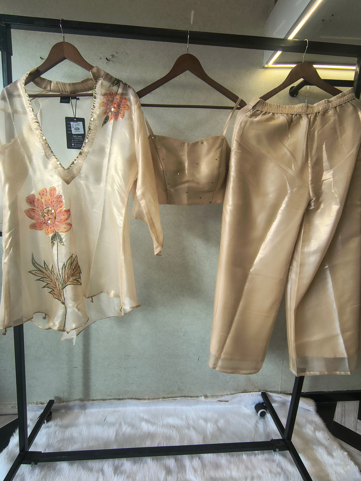 Champagne Gold Floral Hand-Painted Kaftan Co-ord Set with Embellished Blouse & Satin Palazzo