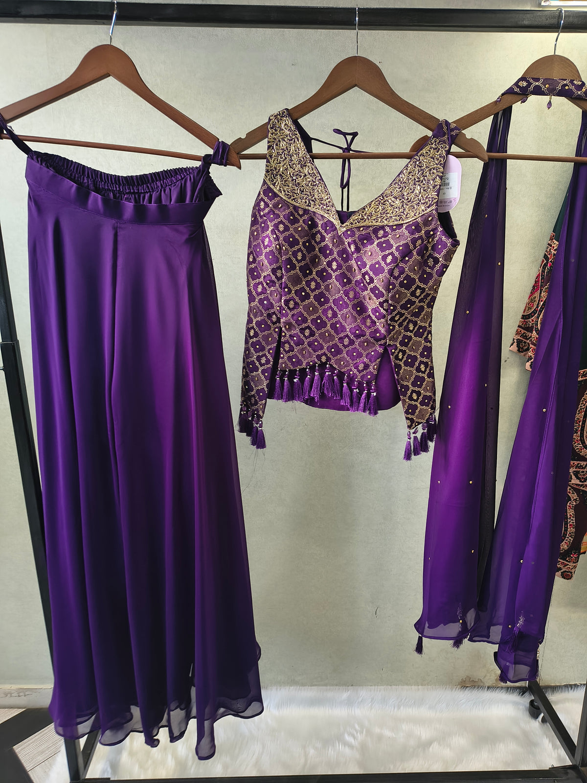 Royal Purple Brocade Blouse with Flared Palazzo & Embellished Choker Dupatta – 3 Piece Designer Indo-Western Set