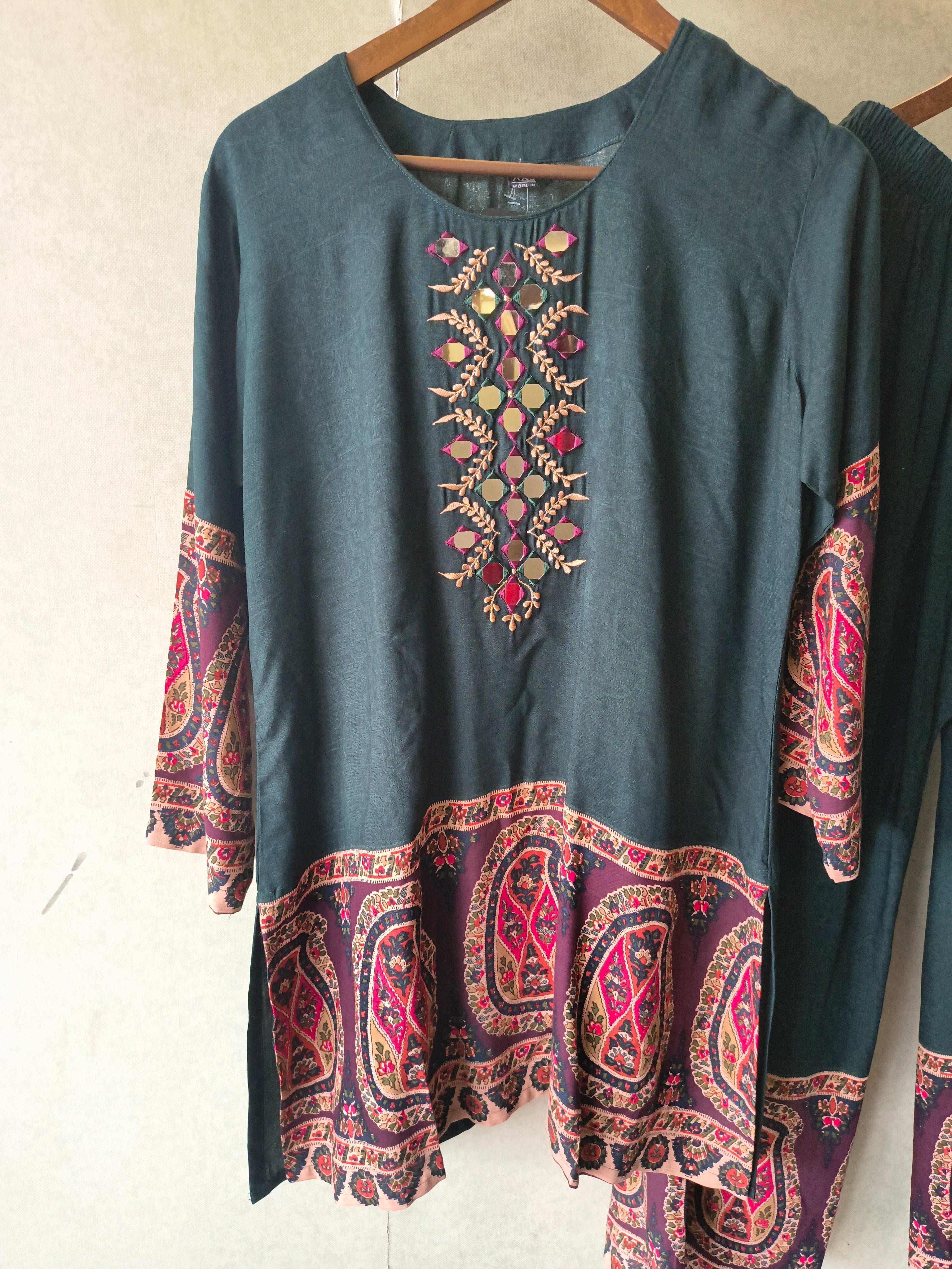 Image of Premium Teal Mirror Work Printed Kurta Pant Co-Ord Set