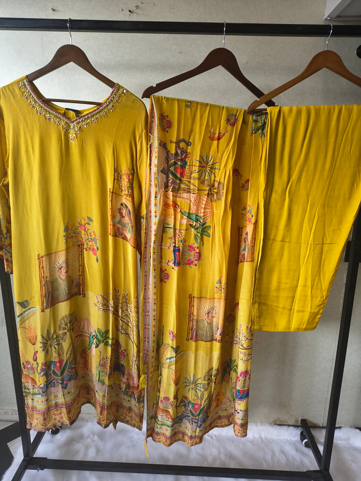 Premium Mustard Yellow Heritage Print Straight Kurta Set with Scenic Dupatta & Straight Pants