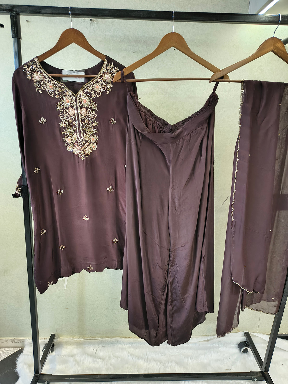 Chocolate Brown Embroidered Straight Kurta Set with Wide Palazzo & Chiffon Dupatta | Premium 3 Piece Festive Ensemble