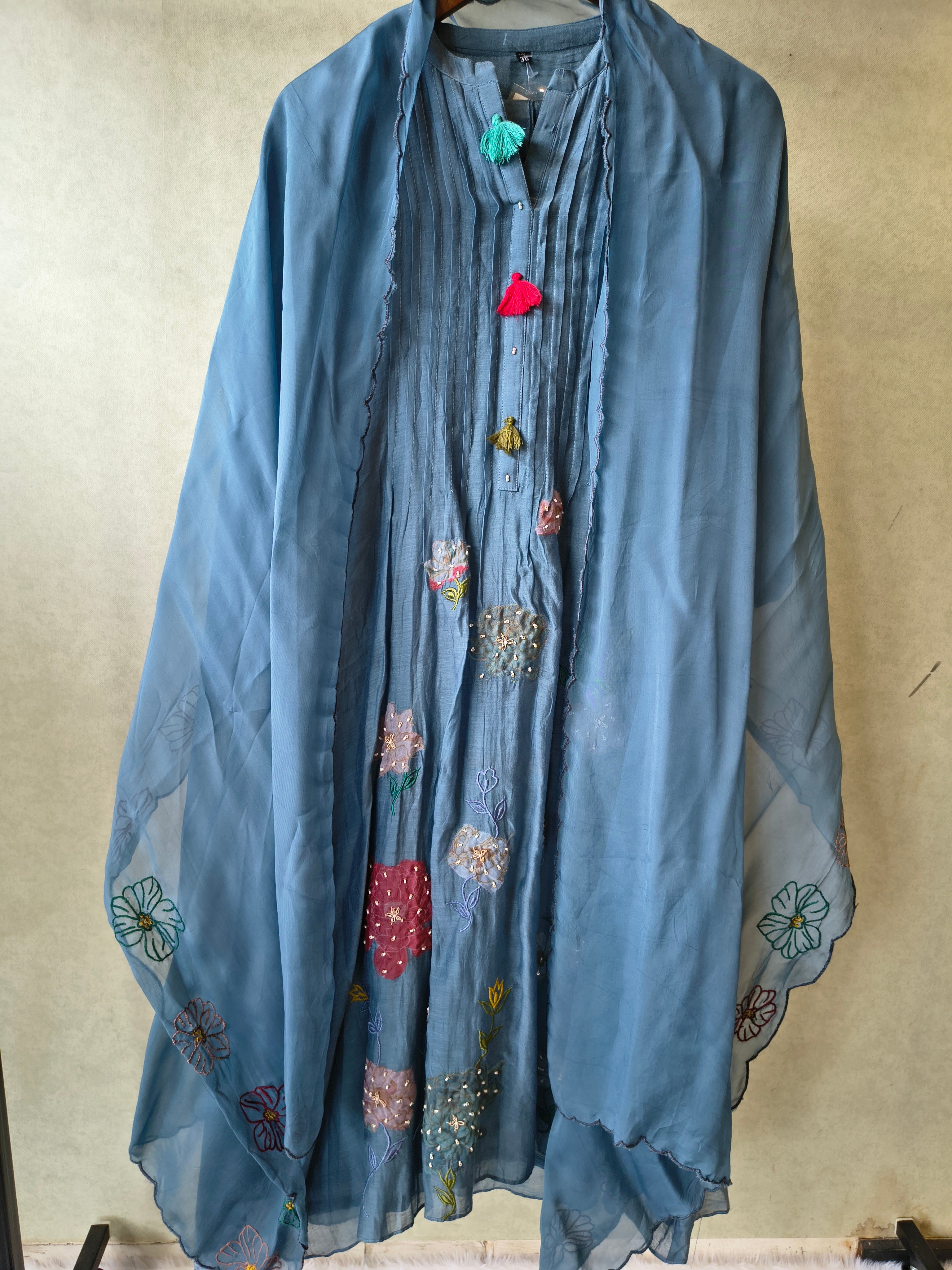 Image of Premium Steel Blue Embroidered Straight Kurta with Dhoti Pants & Embroidered Organza Dupatta Set