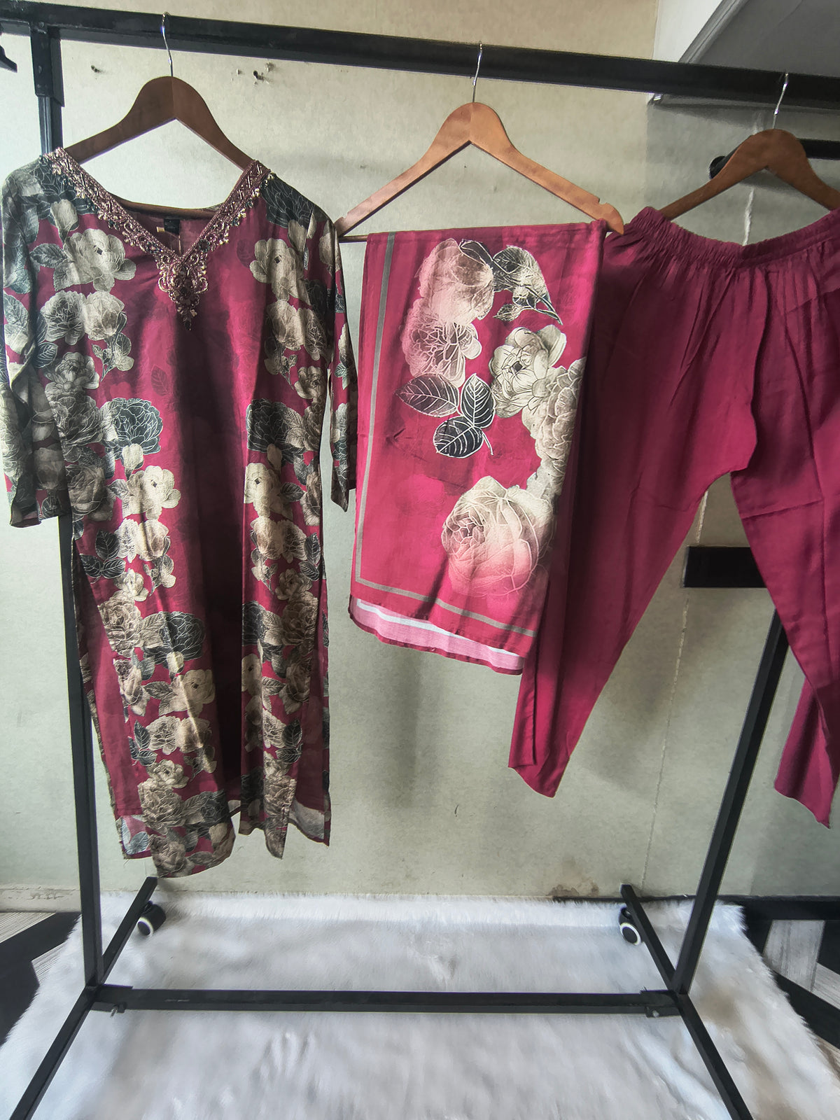 Premium Wine Floral Printed Kurta Set with Solid Pants & Printed Dupatta