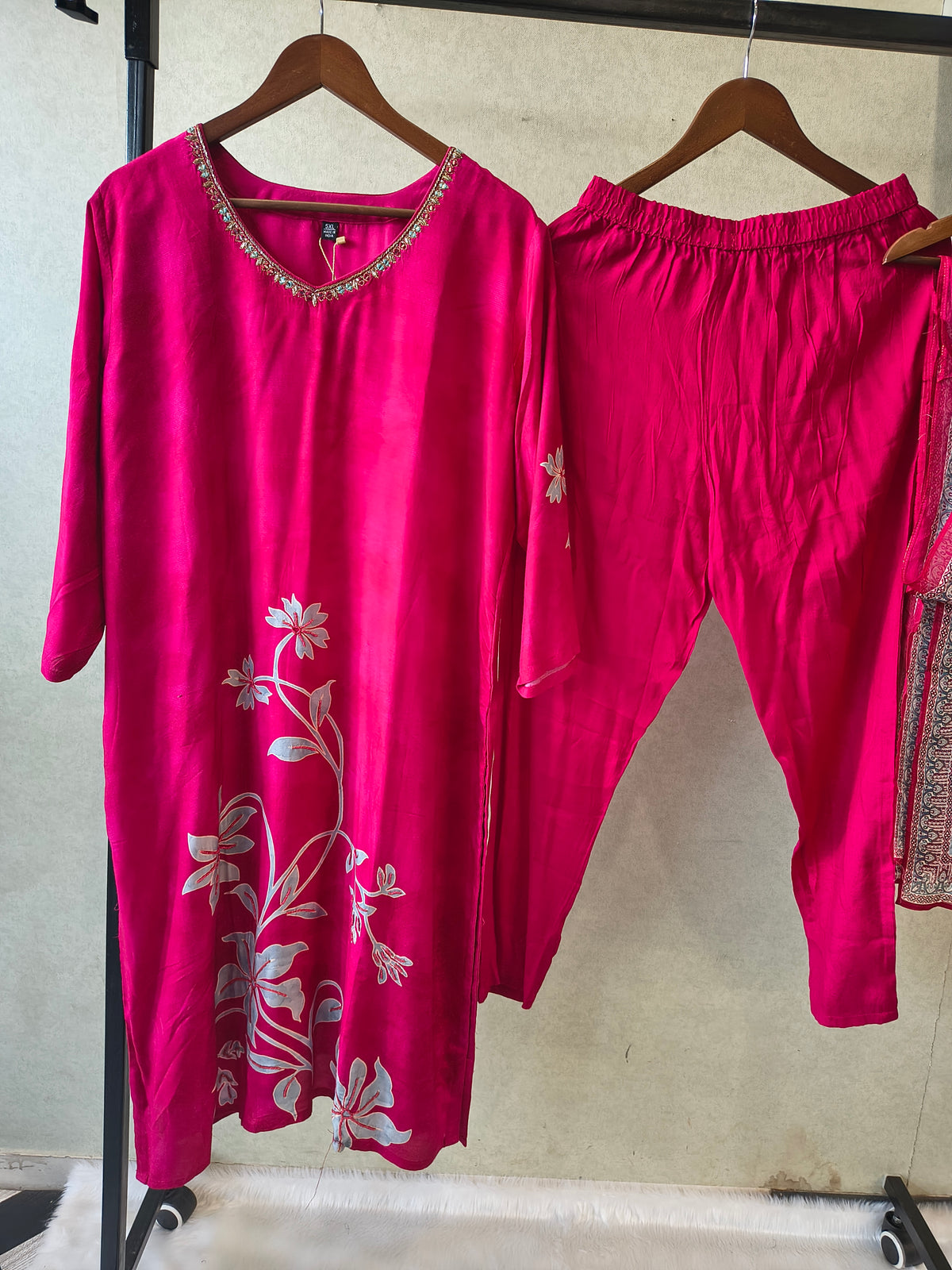 Premium Fuchsia Floral Printed Kurta Set with Embellished Neckline & Contrast Dupatta