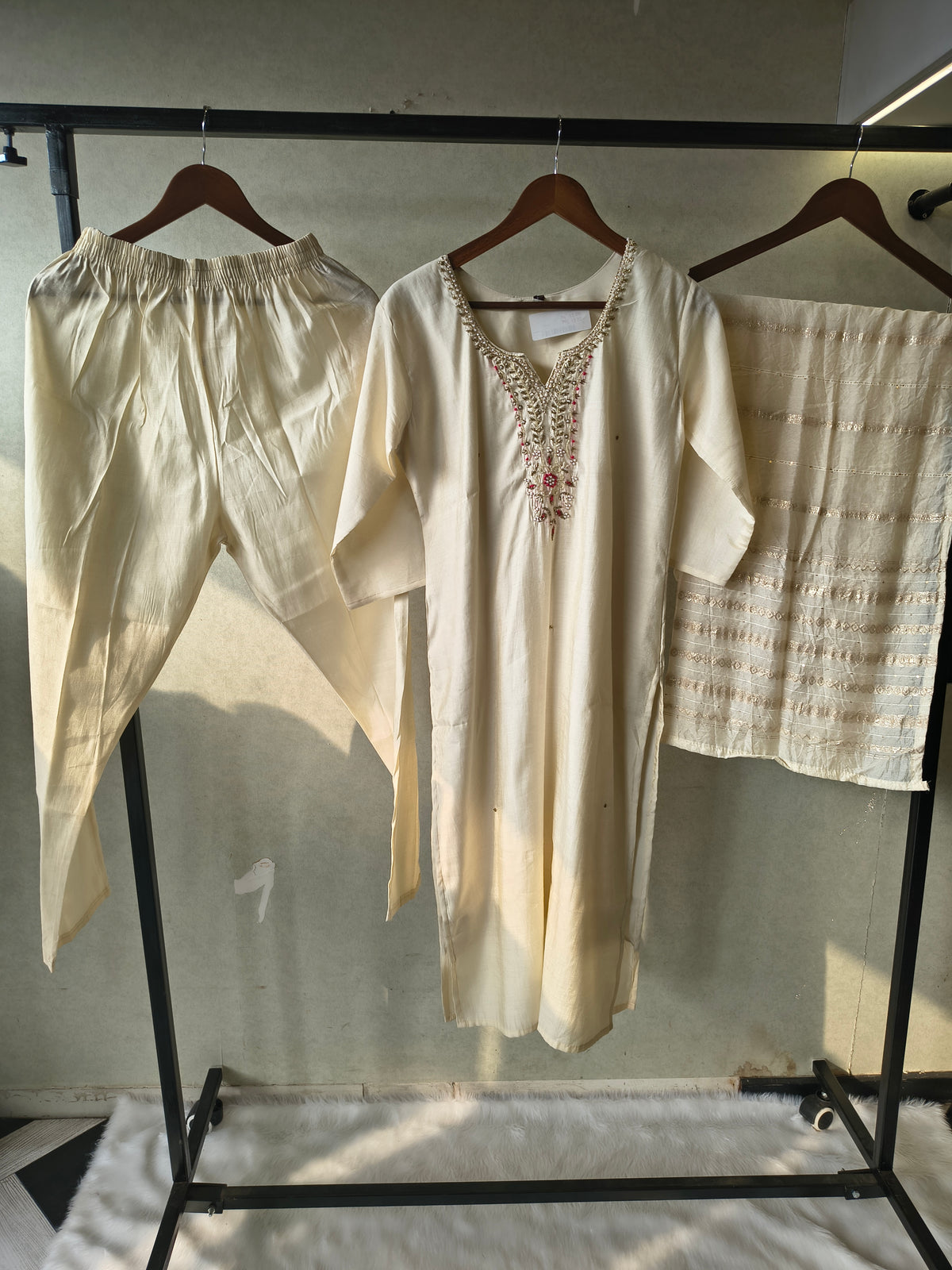 Premium Ivory Hand-Embroidered Straight Kurta with Cotton Pants & Woven Dupatta Set