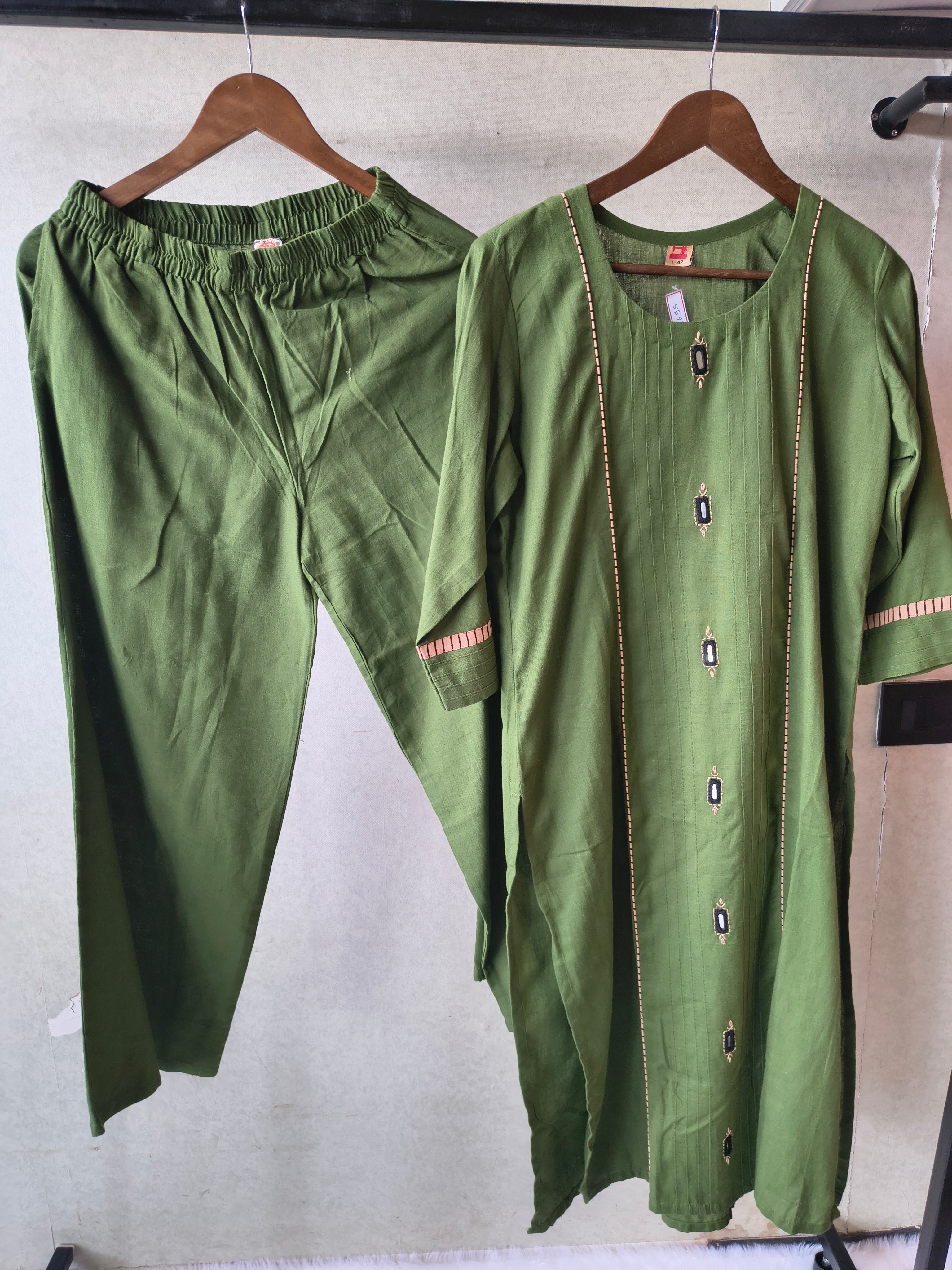 Image of Tadko Premium Olive Green Straight Kurta Co-Ord Set with Embellished Yoke