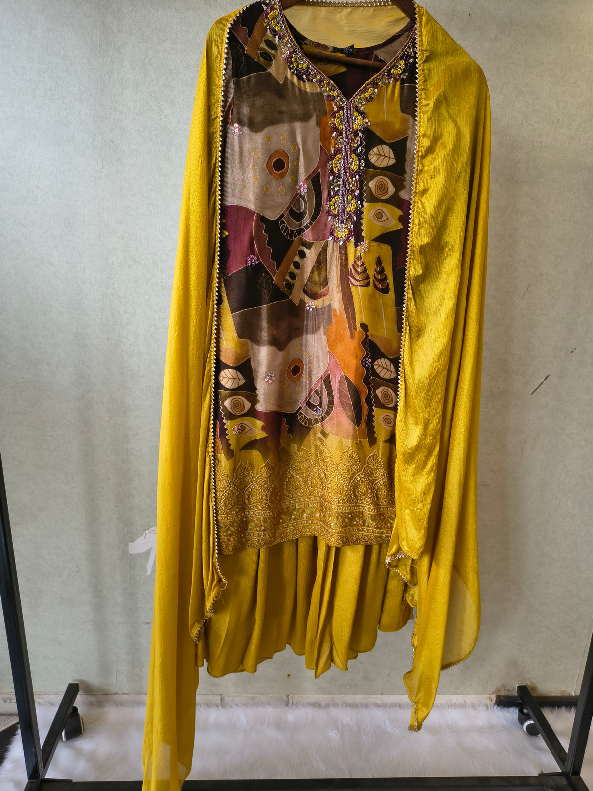 Premium Mustard Abstract Printed Kurta with Sharara & Dupatta Set
