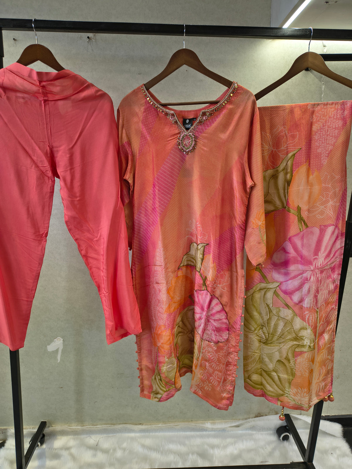 Coral Pink Floral Printed Designer Kurta Set with Embellished Neckline & Printed Dupatta | Premium 3 Piece Festive Ensemble