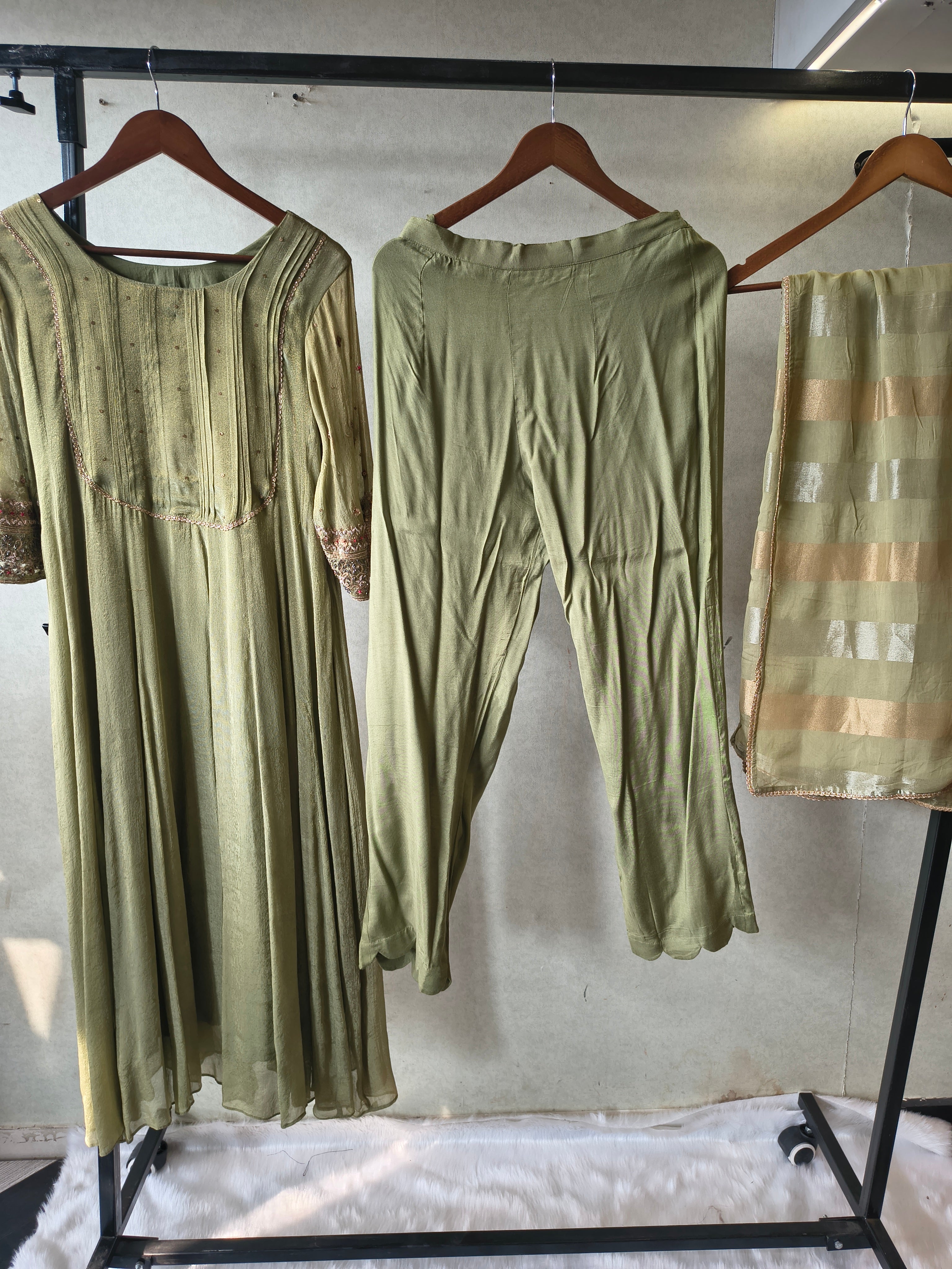 Image of Sage Green Georgette Anarkali Suit Set with Pintuck Yoke, Embroidered Sleeves & Metallic Striped Dupatta – Premium 3 Piece Ethnic Ensemble