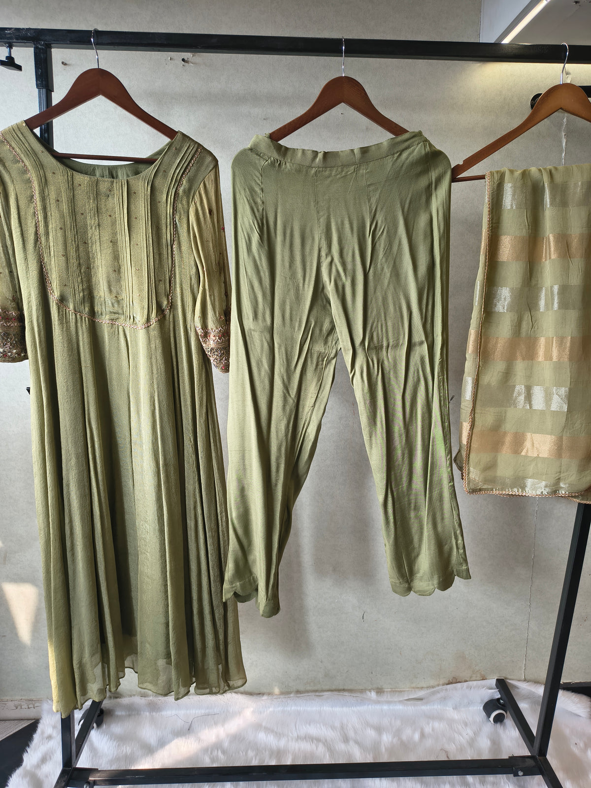 Sage Green Georgette Anarkali Suit Set with Pintuck Yoke, Embroidered Sleeves & Metallic Striped Dupatta – Premium 3 Piece Ethnic Ensemble