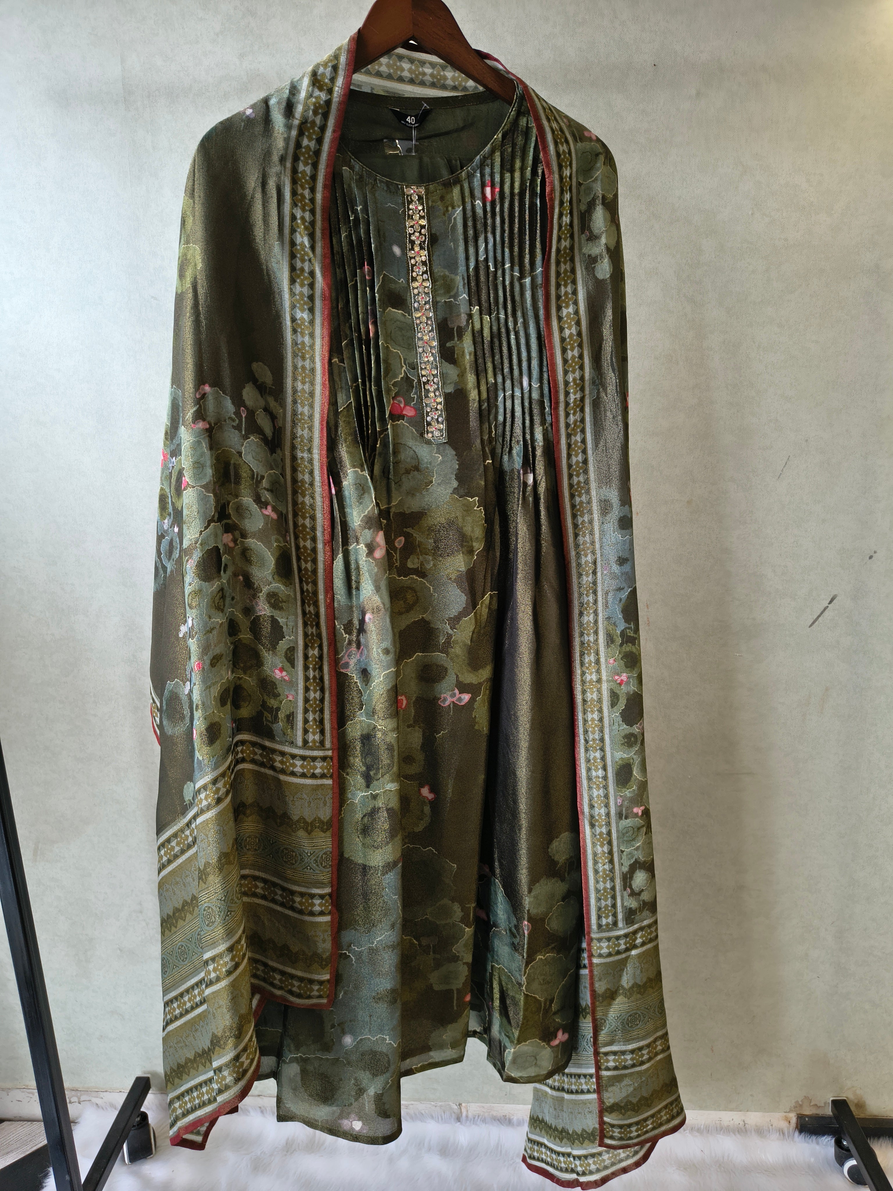 Image of Premium Olive Green Abstract Printed A-Line Kurta Set with Dupatta